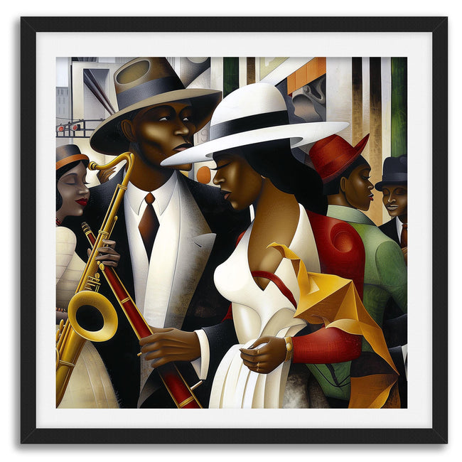Jazz Musicians Art Print featuring African American performers in an abstract Bauhaus-inspired Afrocentric style. Vibrant Harlem Renaissance wall art celebrating music, culture, and artistic expression.