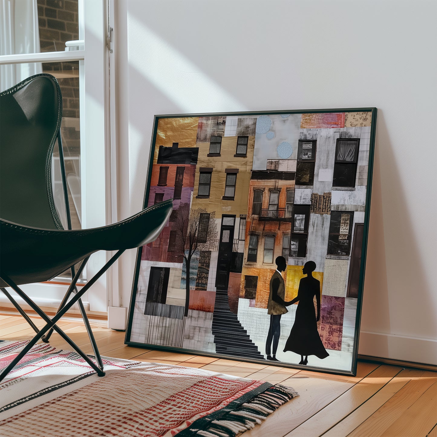 Illustration of a Black couple standing in front of historic Harlem brownstones. The focus is on the stoop stairs, symbolizing community life. The Black man gently takes his girlfriend’s hand, beginning a heartfelt marriage proposal. The scene reflects Black love, romance, and the cultural richness of Harlem.