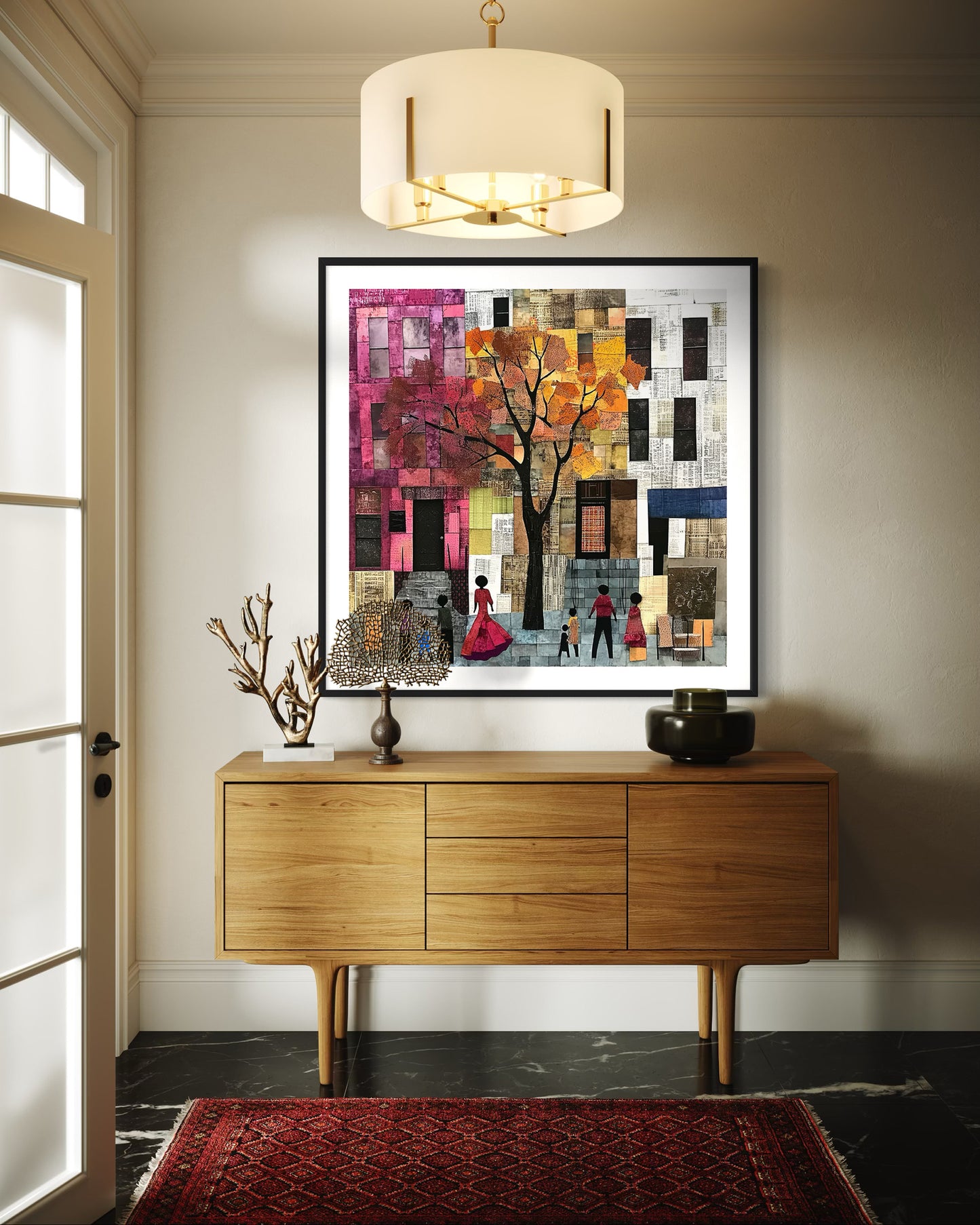 Afrocentric abstract art print capturing the vibrant energy of Harlem, featuring Black street life depicted through silhouette figures. Inspired by patchwork quilting, this piece blends geometric patterns, textured layers, and rich colors for a striking visual representation of everyday life in Harlem.