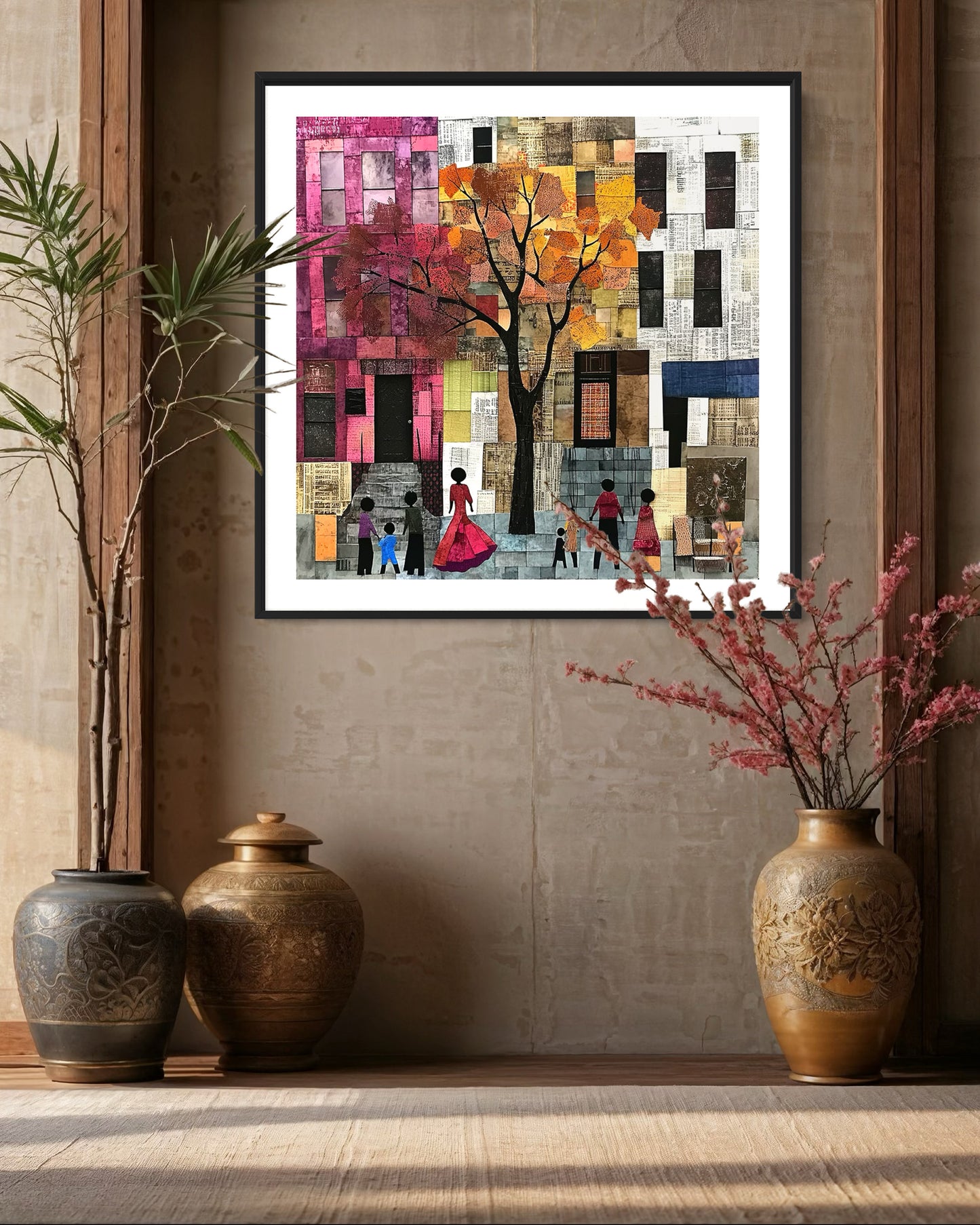 Afrocentric abstract art print capturing the vibrant energy of Harlem, featuring Black street life depicted through silhouette figures. Inspired by patchwork quilting, this piece blends geometric patterns, textured layers, and rich colors for a striking visual representation of everyday life in Harlem.