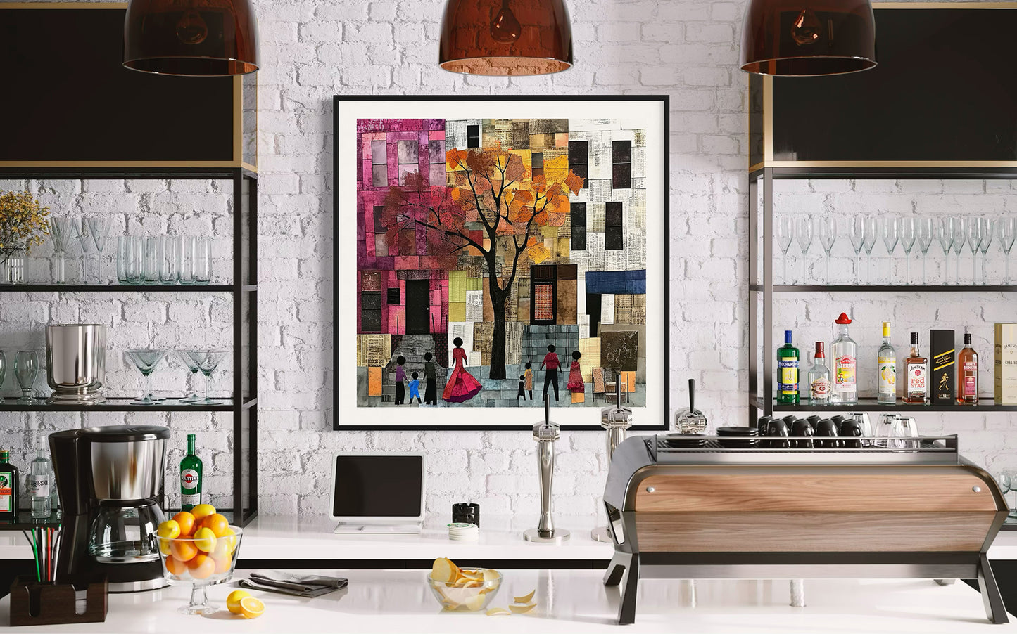 Afrocentric abstract art print capturing the vibrant energy of Harlem, featuring Black street life depicted through silhouette figures. Inspired by patchwork quilting, this piece blends geometric patterns, textured layers, and rich colors for a striking visual representation of everyday life in Harlem.