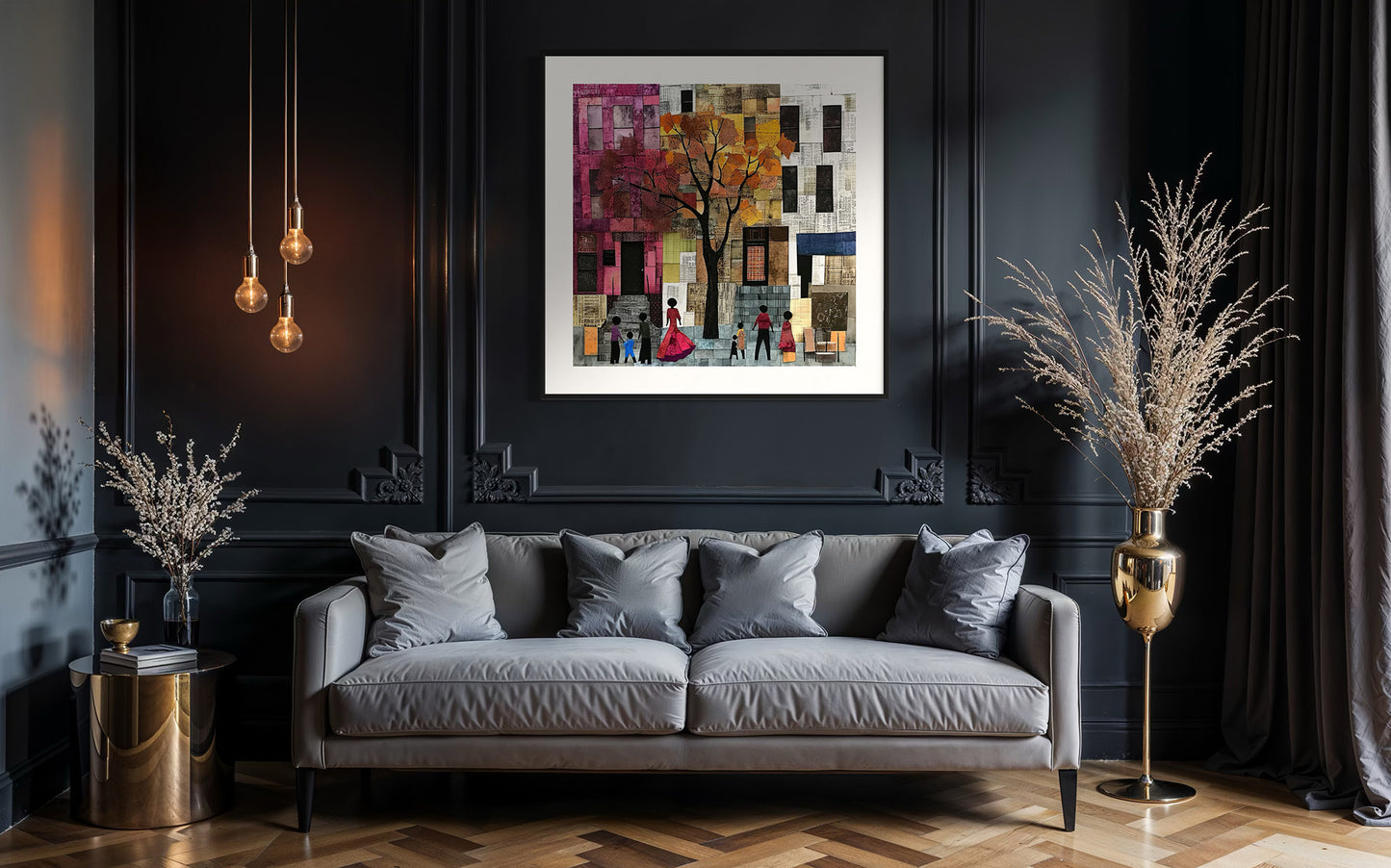 Afrocentric abstract art print capturing the vibrant energy of Harlem, featuring Black street life depicted through silhouette figures. Inspired by patchwork quilting, this piece blends geometric patterns, textured layers, and rich colors for a striking visual representation of everyday life in Harlem.