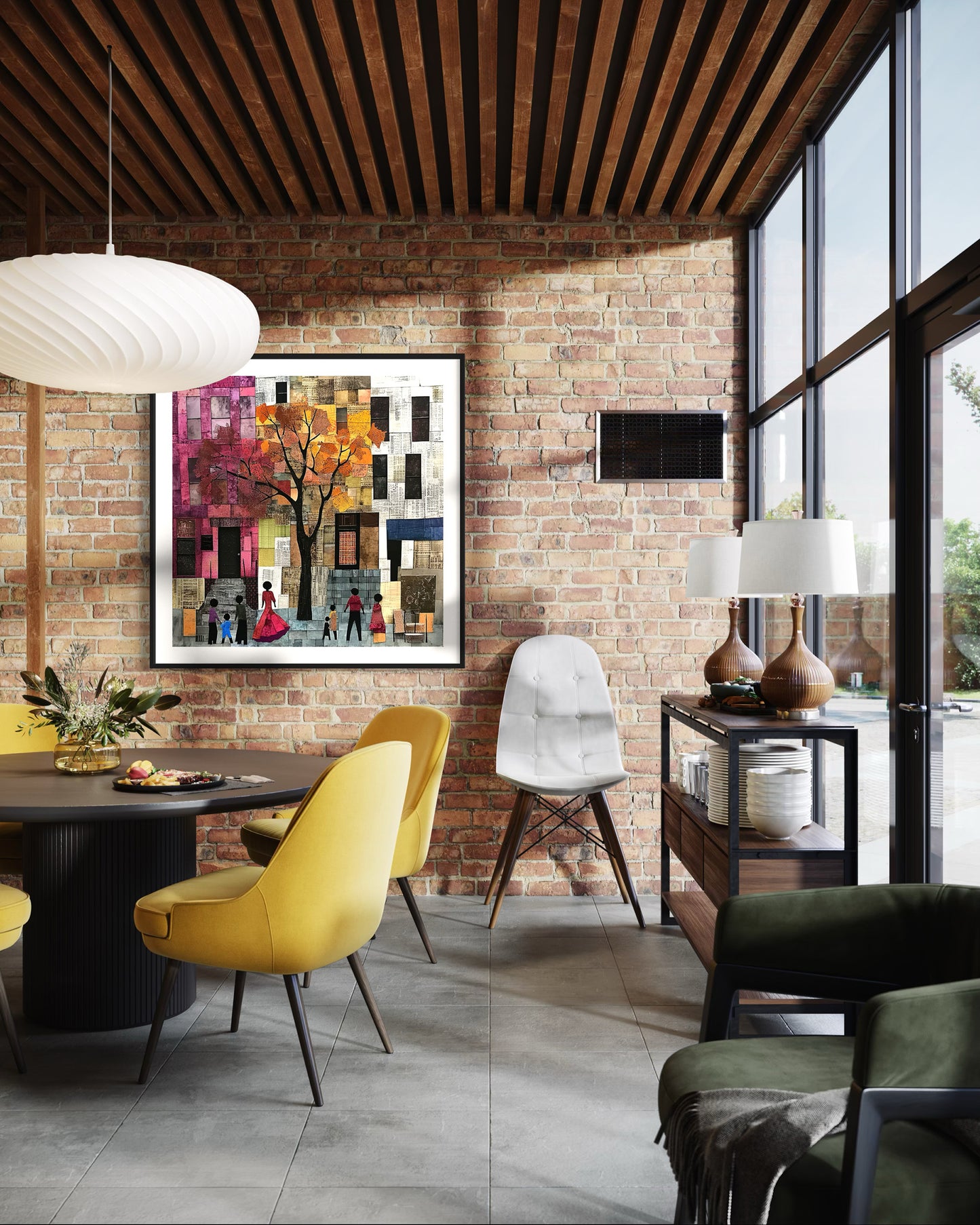 Afrocentric abstract art print capturing the vibrant energy of Harlem, featuring Black street life depicted through silhouette figures. Inspired by patchwork quilting, this piece blends geometric patterns, textured layers, and rich colors for a striking visual representation of everyday life in Harlem.