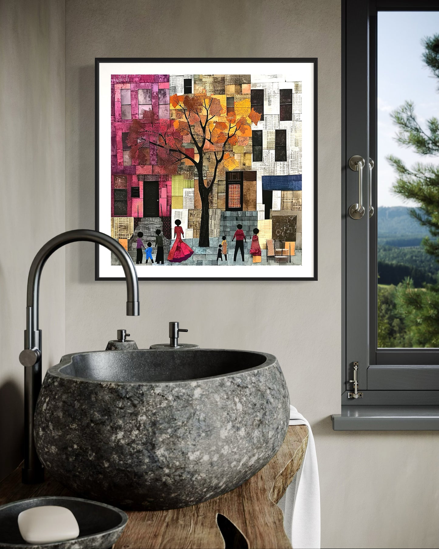 Afrocentric abstract art print capturing the vibrant energy of Harlem, featuring Black street life depicted through silhouette figures. Inspired by patchwork quilting, this piece blends geometric patterns, textured layers, and rich colors for a striking visual representation of everyday life in Harlem.