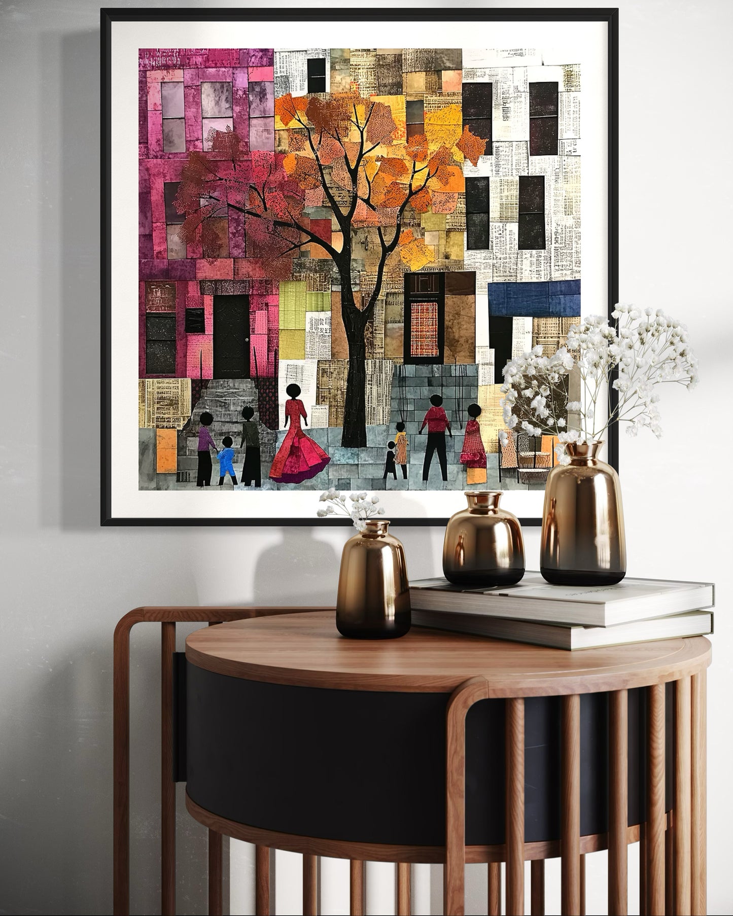 Afrocentric abstract art print capturing the vibrant energy of Harlem, featuring Black street life depicted through silhouette figures. Inspired by patchwork quilting, this piece blends geometric patterns, textured layers, and rich colors for a striking visual representation of everyday life in Harlem.