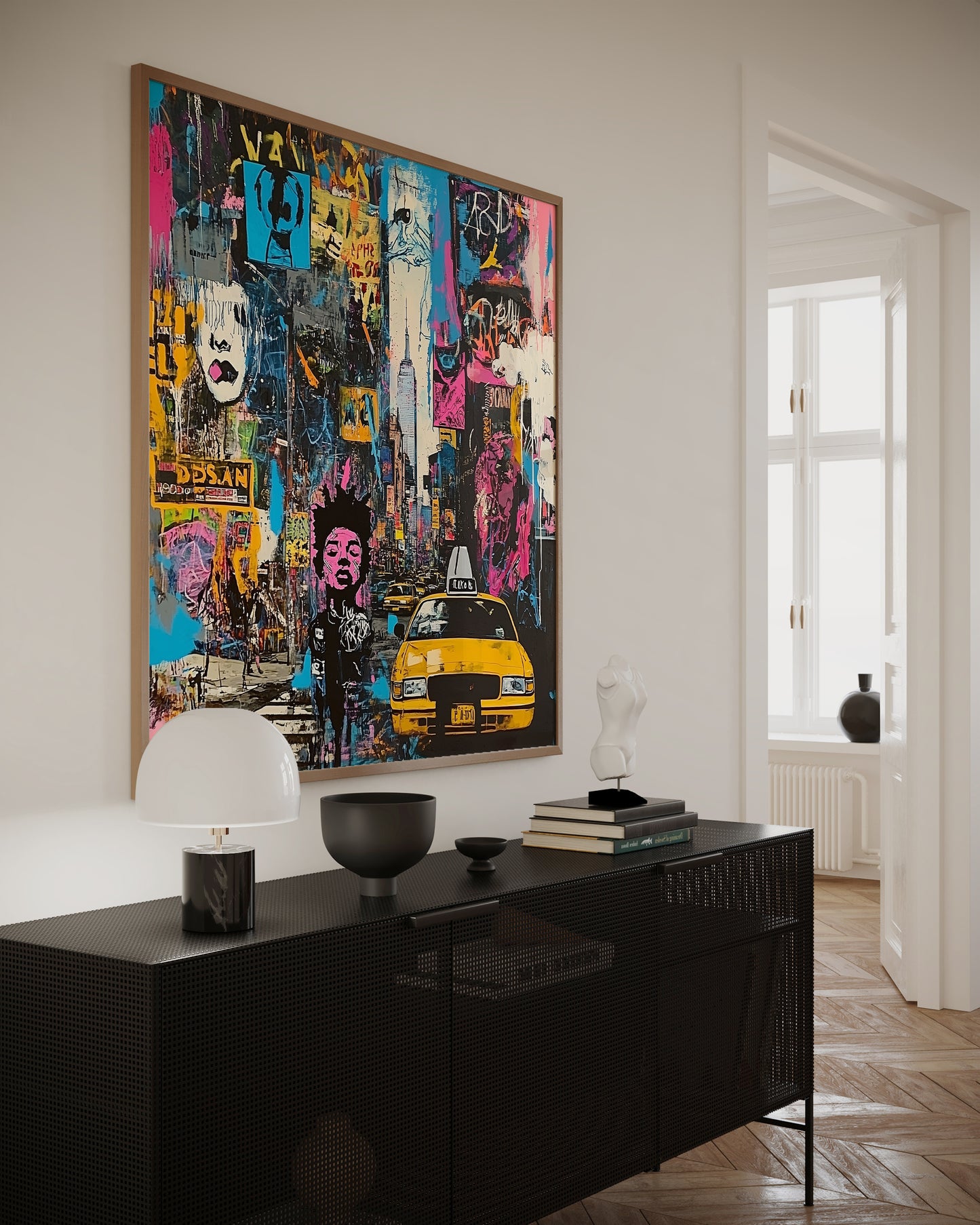 Art print featuring Manhattan yellow taxis in a graffiti-inspired abstract cityscape. Showcases iconic NYC cabs against a gritty urban New York backdrop, perfect for modern wall decor.