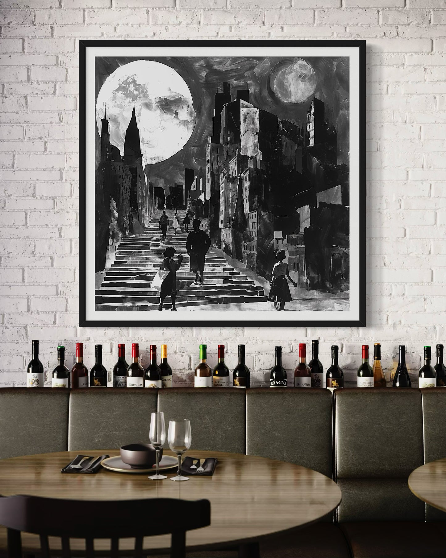 Afrocentric art print featuring silhouette figures in a Harlem neighborhood street scene, with the sun and moon overhead. Abstract digital artwork celebrating African American culture, community life, and the rhythm of day and night in Harlem.