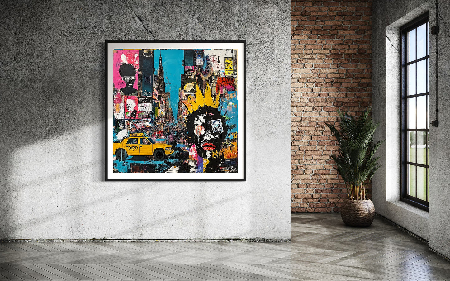 Graffiti-style digital art print of Manhattan, New York City, featuring iconic yellow taxis against a gritty, abstract city landscape with urban textures and bold street art elements.