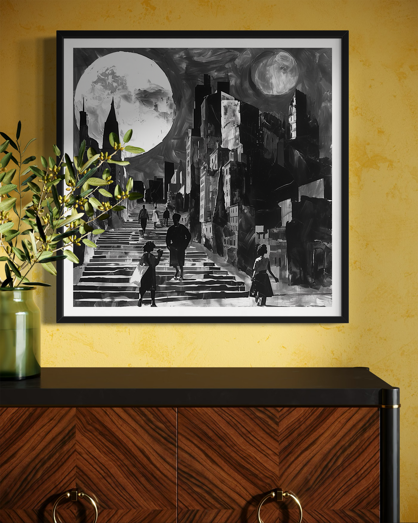 Afrocentric art print featuring silhouette figures in a Harlem neighborhood street scene, with the sun and moon overhead. Abstract digital artwork celebrating African American culture, community life, and the rhythm of day and night in Harlem.
