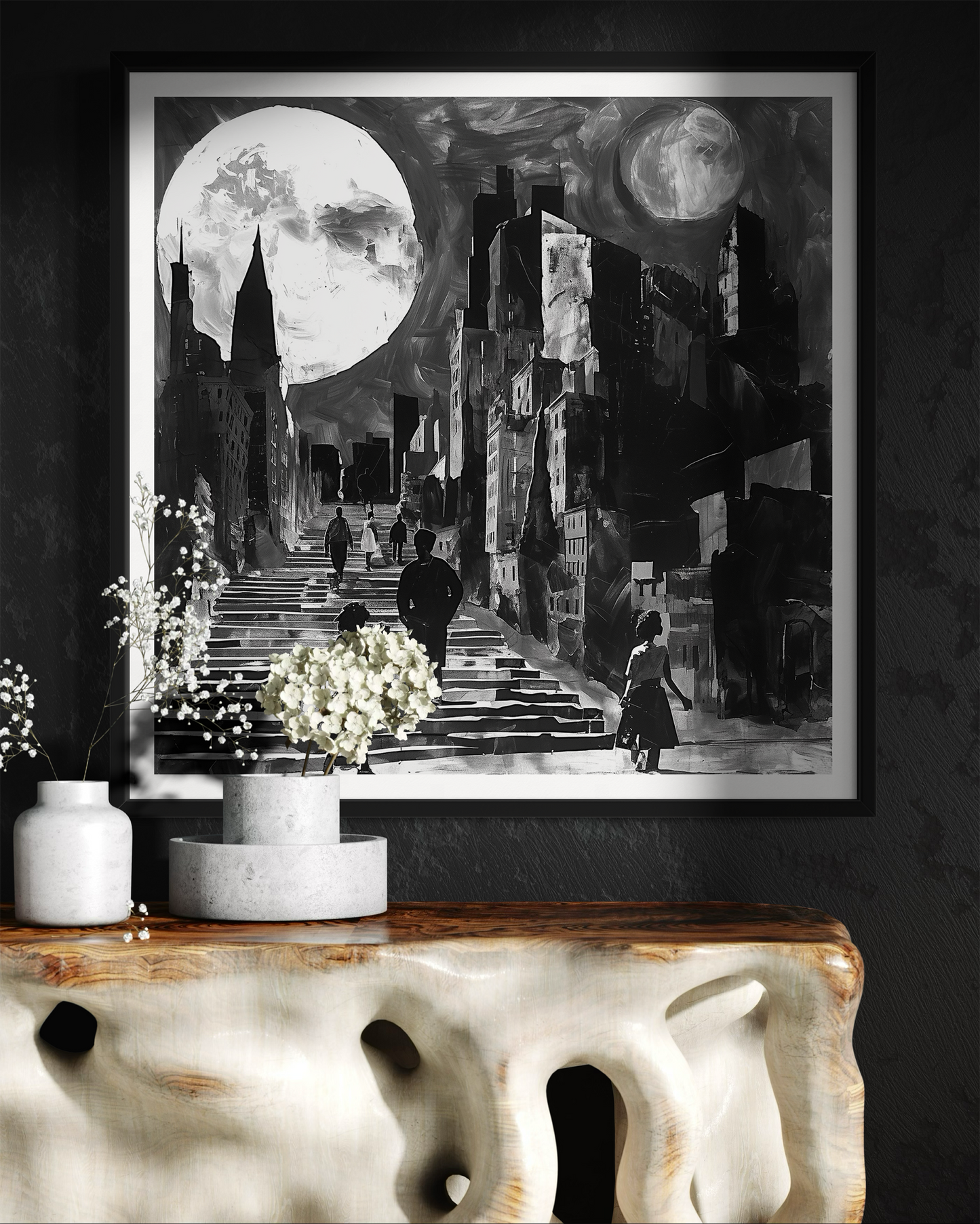 Afrocentric art print featuring silhouette figures in a Harlem neighborhood street scene, with the sun and moon overhead. Abstract digital artwork celebrating African American culture, community life, and the rhythm of day and night in Harlem.