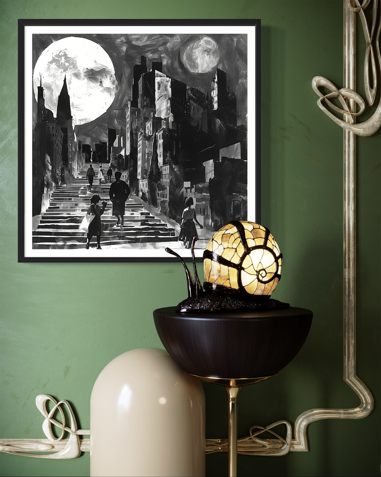 Afrocentric art print featuring silhouette figures in a Harlem neighborhood street scene, with the sun and moon overhead. Abstract digital artwork celebrating African American culture, community life, and the rhythm of day and night in Harlem.