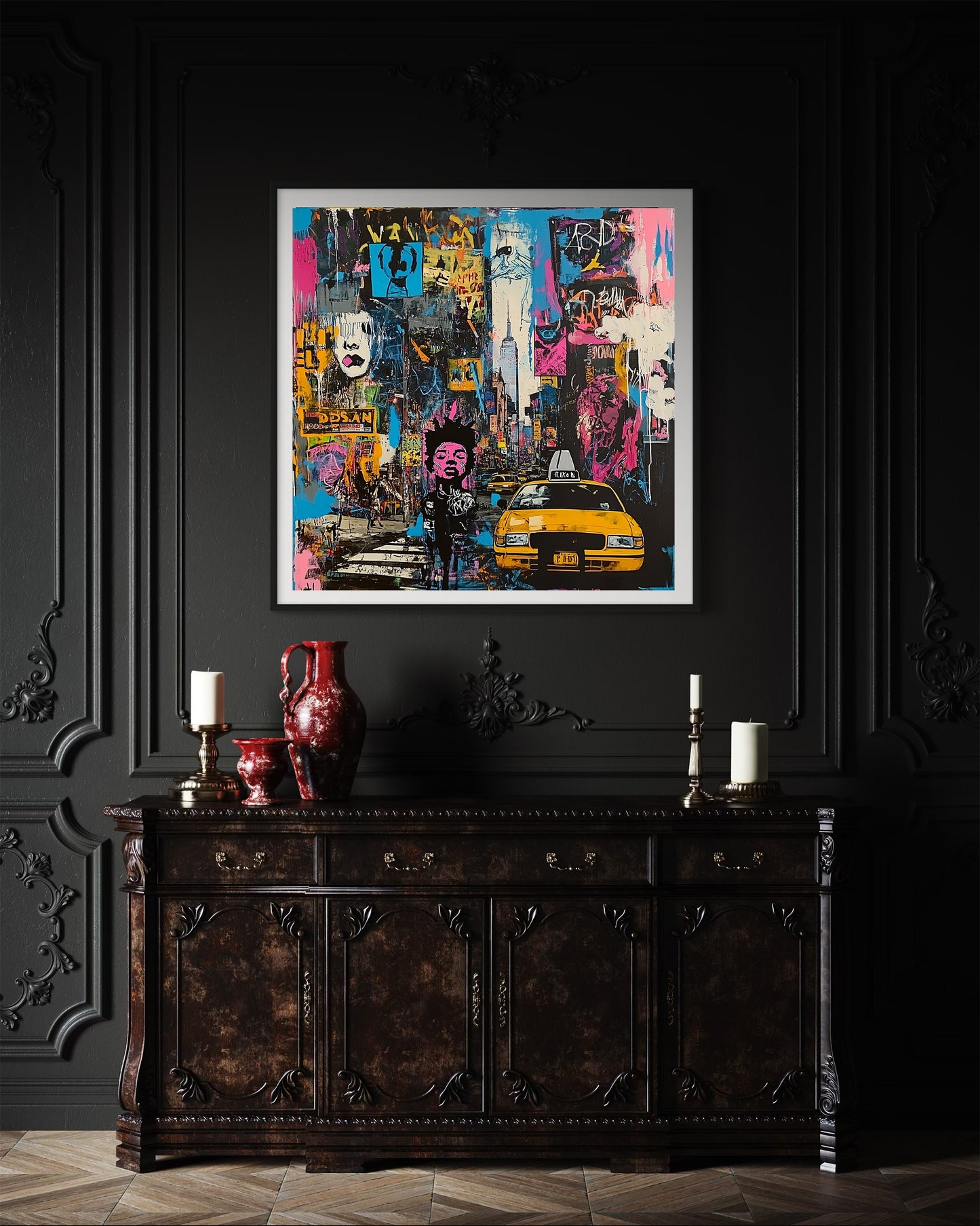 Art print featuring Manhattan yellow taxis in a graffiti-inspired abstract cityscape. Showcases iconic NYC cabs against a gritty urban New York backdrop, perfect for modern wall decor.