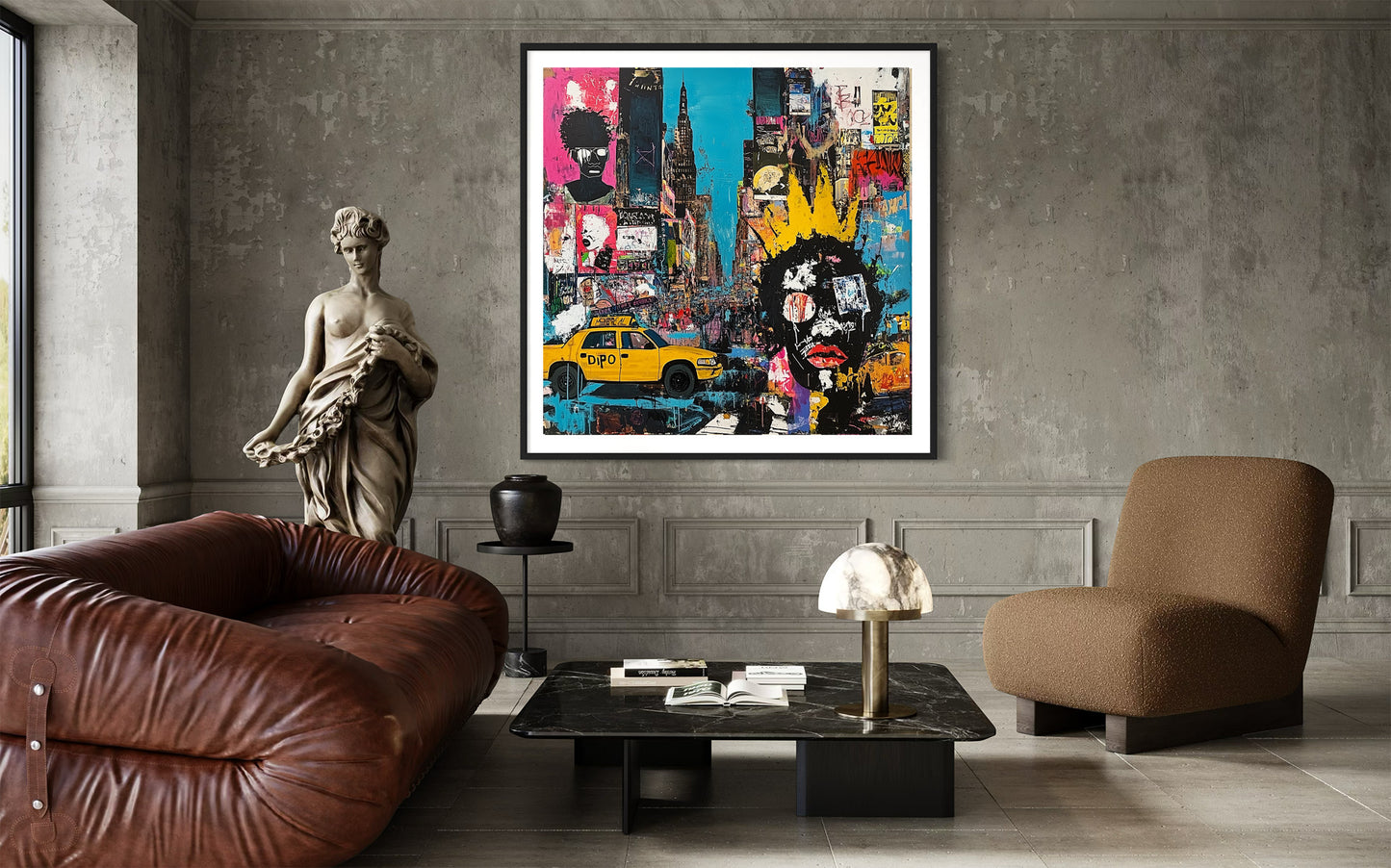 Graffiti-style digital art print of Manhattan, New York City, featuring iconic yellow taxis against a gritty, abstract city landscape with urban textures and bold street art elements.