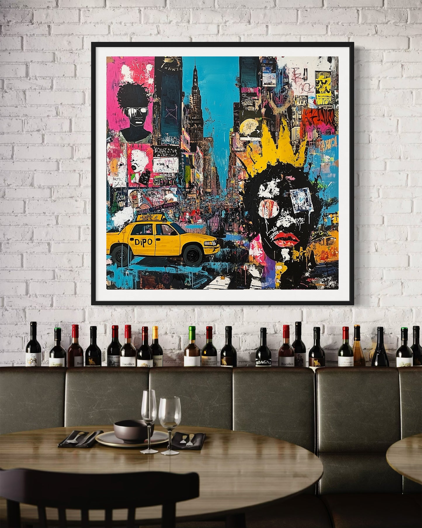 Graffiti-style digital art print of Manhattan, New York City, featuring iconic yellow taxis against a gritty, abstract city landscape with urban textures and bold street art elements.