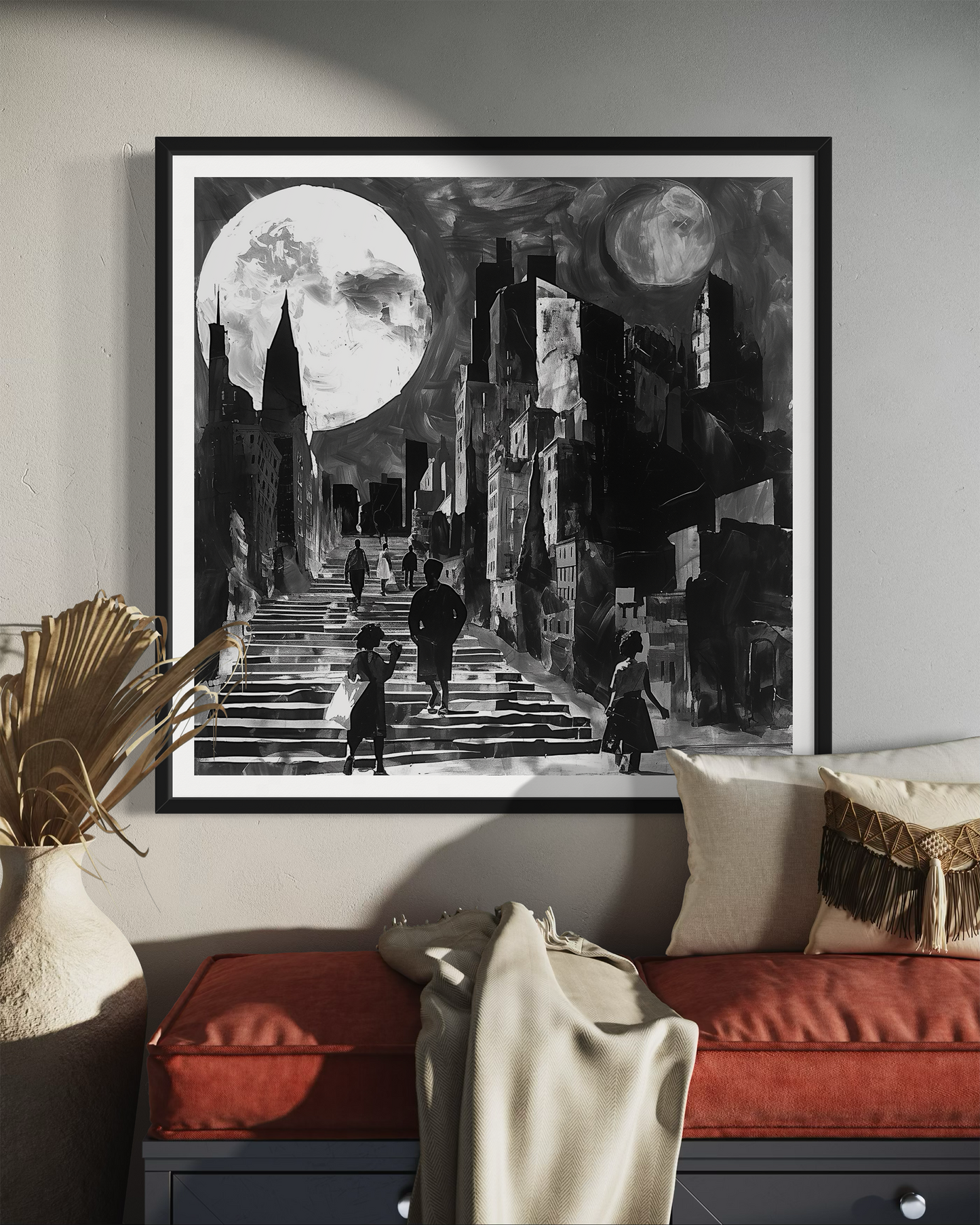 Afrocentric art print featuring silhouette figures in a Harlem neighborhood street scene, with the sun and moon overhead. Abstract digital artwork celebrating African American culture, community life, and the rhythm of day and night in Harlem.