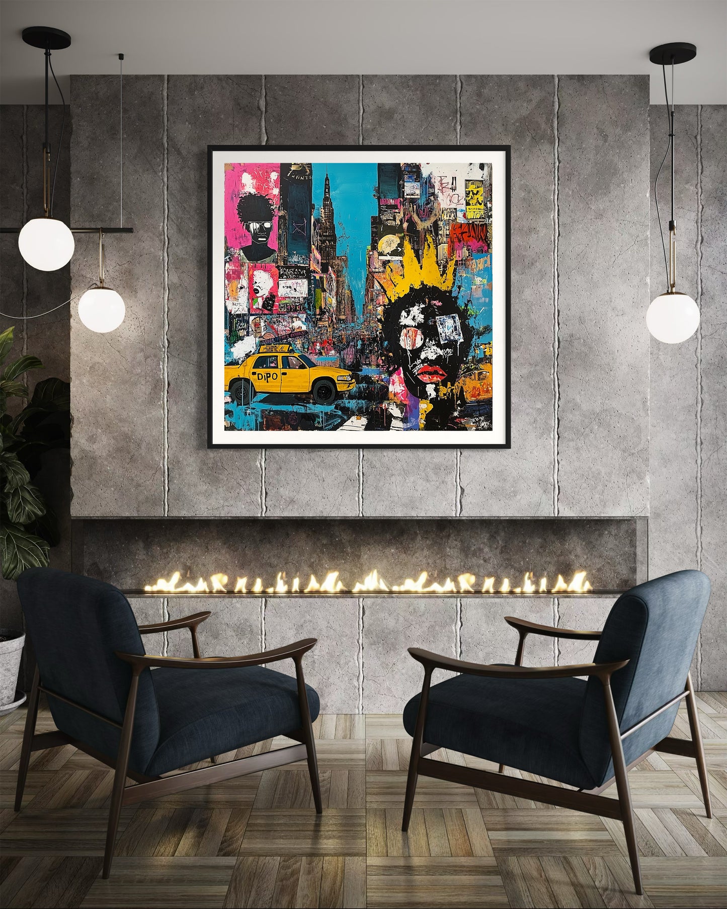 Graffiti-style digital art print of Manhattan, New York City, featuring iconic yellow taxis against a gritty, abstract city landscape with urban textures and bold street art elements.