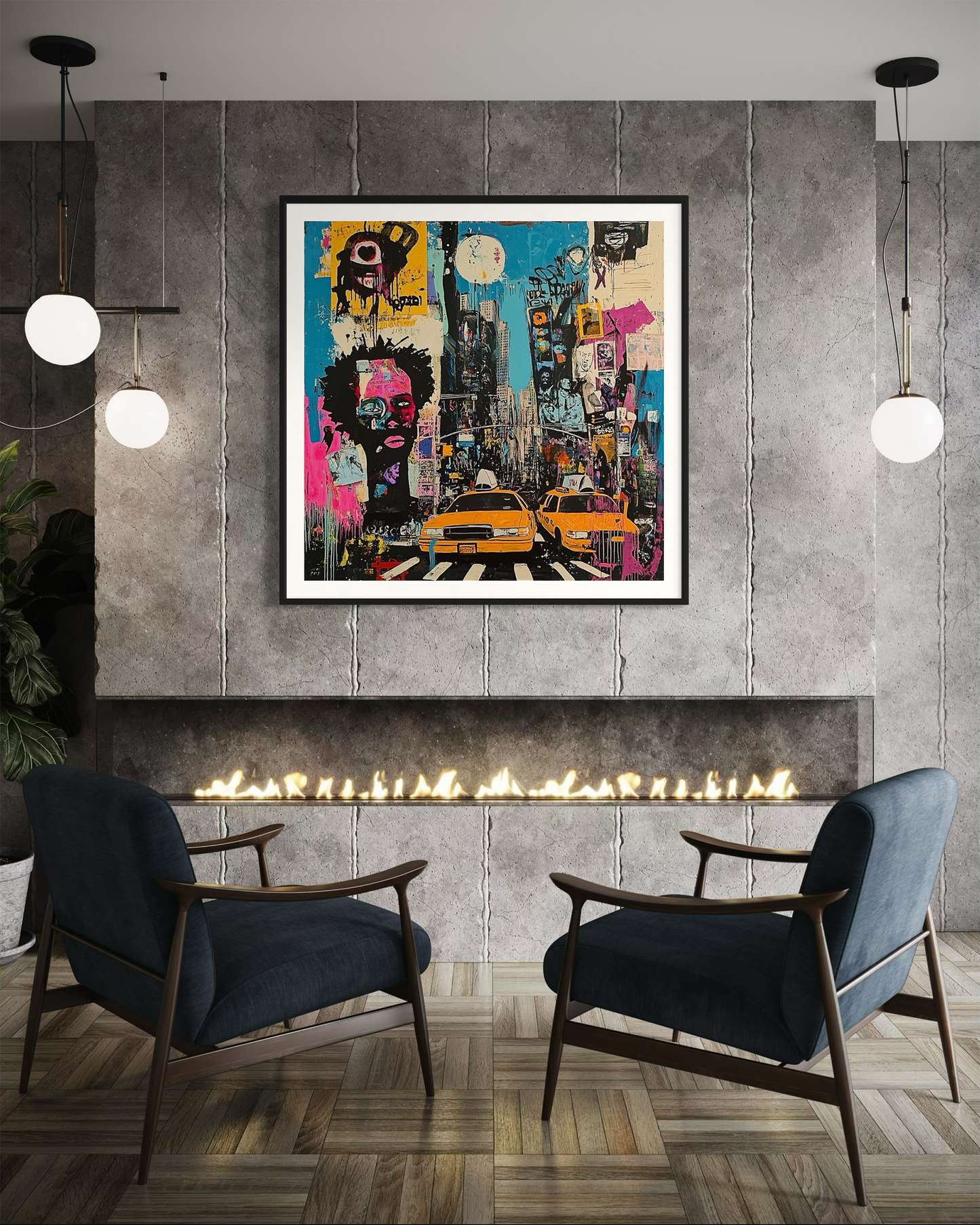 Graffiti-style digital art print of Manhattan, New York City, featuring iconic yellow taxis against a gritty, abstract city landscape with urban textures and bold street art elements.