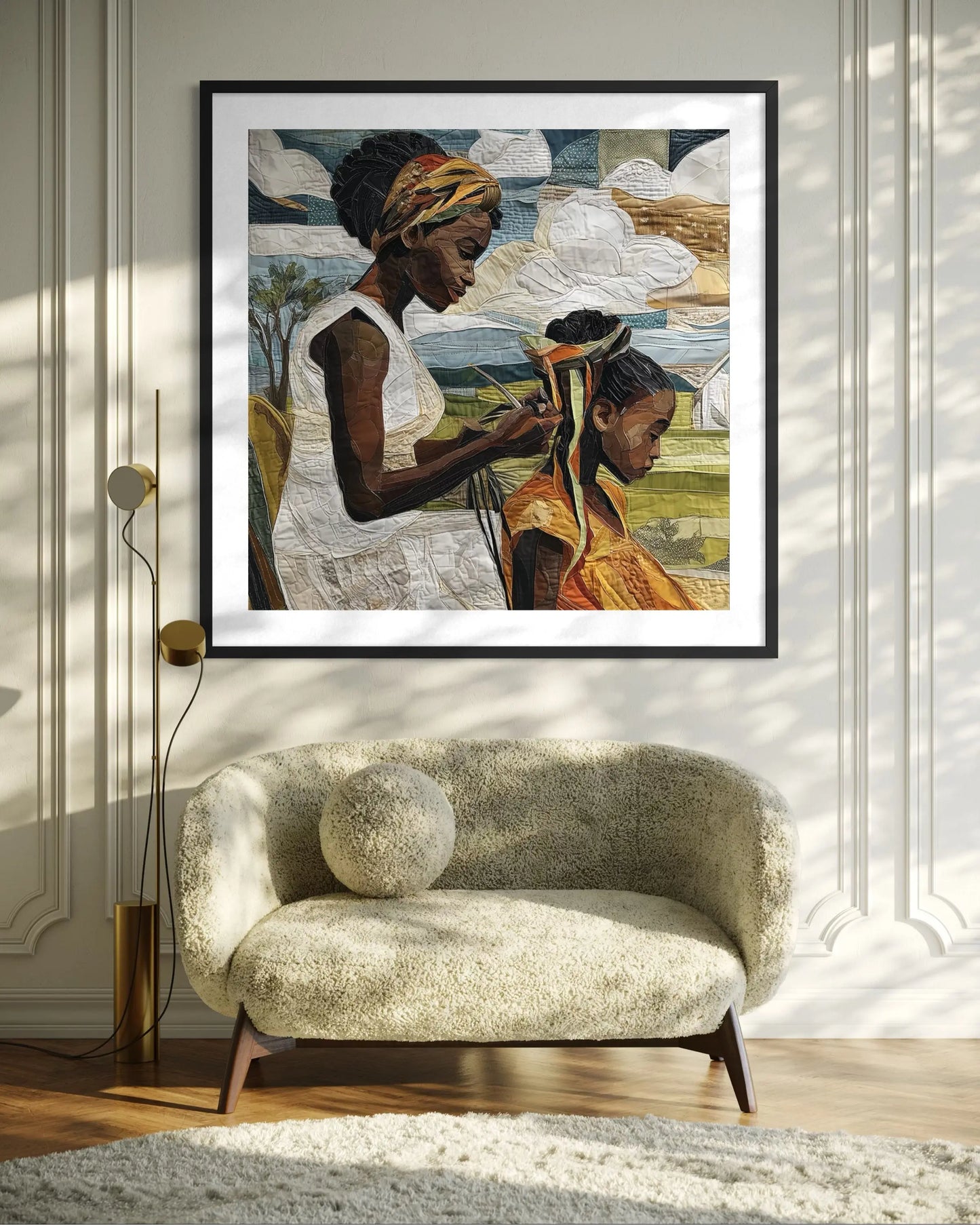 Black mother braiding her daughter’s natural hair outside under a sunny day. Afrocentric art print showcasing hair care ritual, protective styling, and generational bonding.