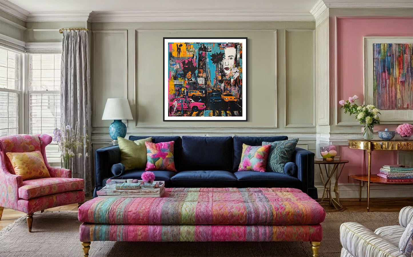 Art print featuring Manhattan yellow taxis in a graffiti-inspired abstract cityscape. Showcases iconic NYC cabs against a gritty urban New York backdrop, perfect for modern wall decor.
