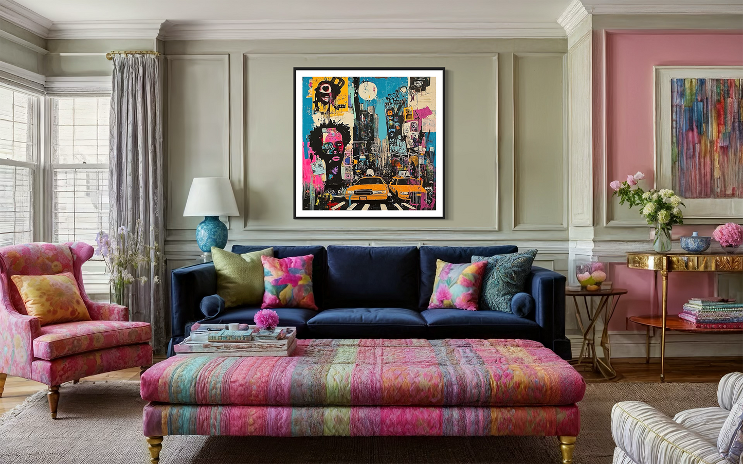 Graffiti-style digital art print of Manhattan, New York City, featuring iconic yellow taxis against a gritty, abstract city landscape with urban textures and bold street art elements.