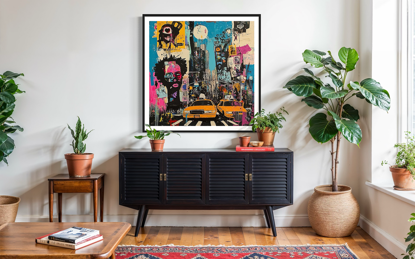 Graffiti-style digital art print of Manhattan, New York City, featuring iconic yellow taxis against a gritty, abstract city landscape with urban textures and bold street art elements.