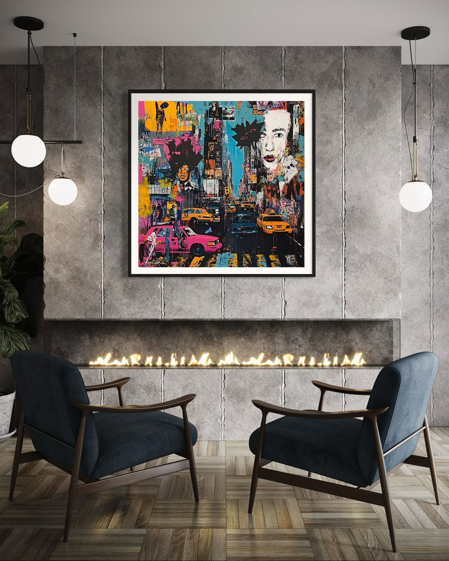 Art print featuring Manhattan yellow taxis in a graffiti-inspired abstract cityscape. Showcases iconic NYC cabs against a gritty urban New York backdrop, perfect for modern wall decor.