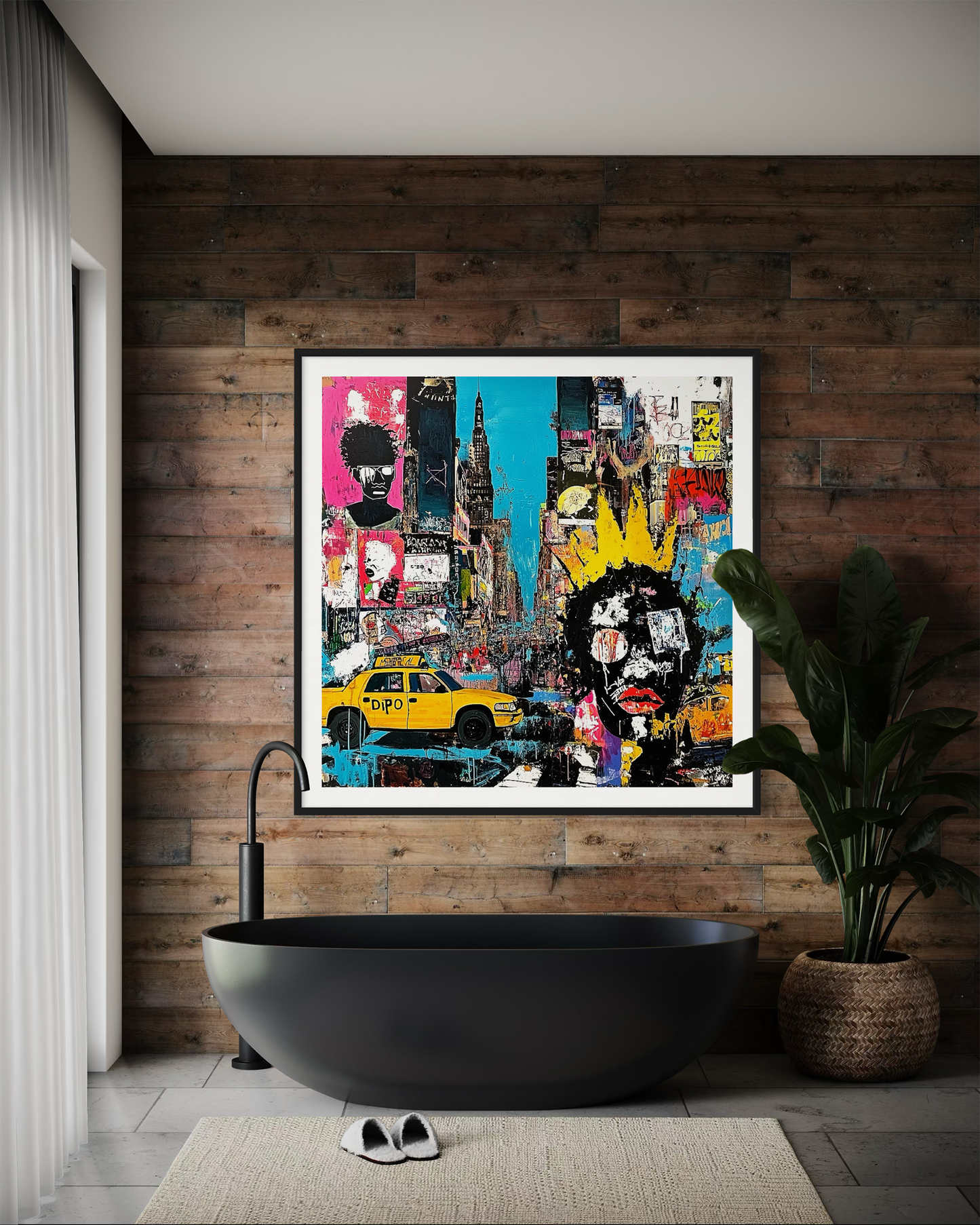 Graffiti-style digital art print of Manhattan, New York City, featuring iconic yellow taxis against a gritty, abstract city landscape with urban textures and bold street art elements.