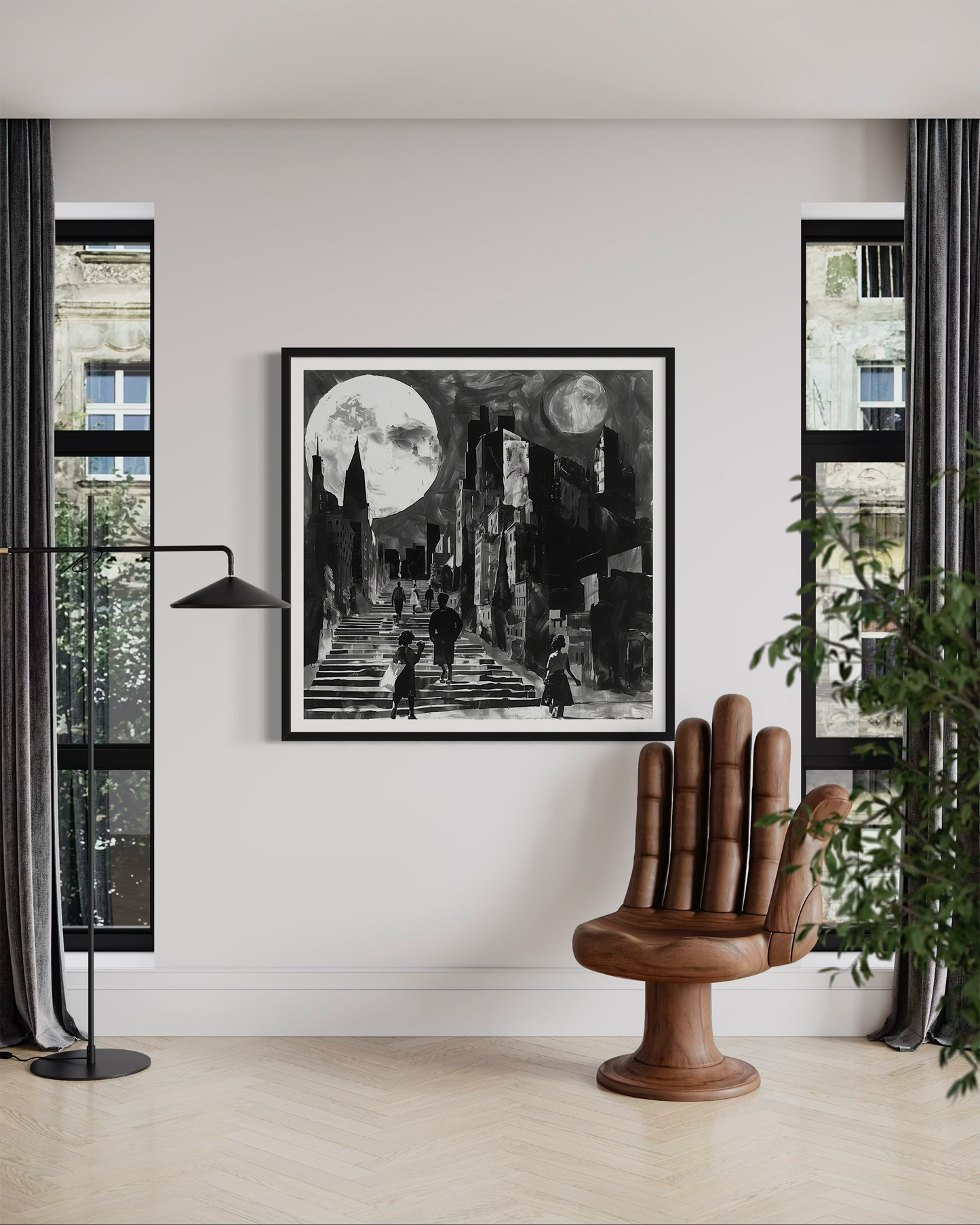 Afrocentric art print featuring silhouette figures in a Harlem neighborhood street scene, with the sun and moon overhead. Abstract digital artwork celebrating African American culture, community life, and the rhythm of day and night in Harlem.