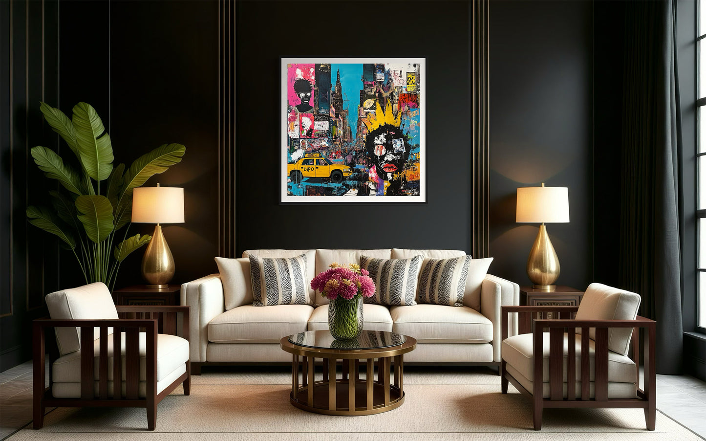 Graffiti-style digital art print of Manhattan, New York City, featuring iconic yellow taxis against a gritty, abstract city landscape with urban textures and bold street art elements.