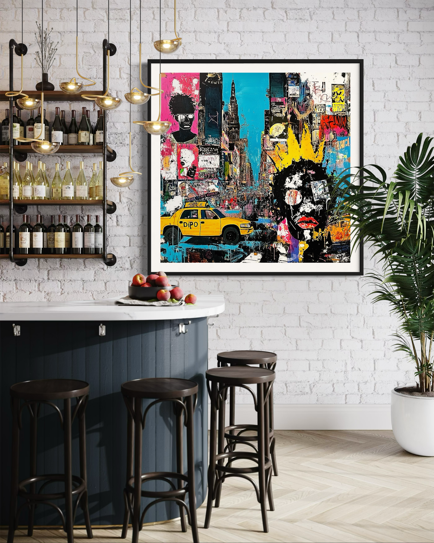 Graffiti-style digital art print of Manhattan, New York City, featuring iconic yellow taxis against a gritty, abstract city landscape with urban textures and bold street art elements.