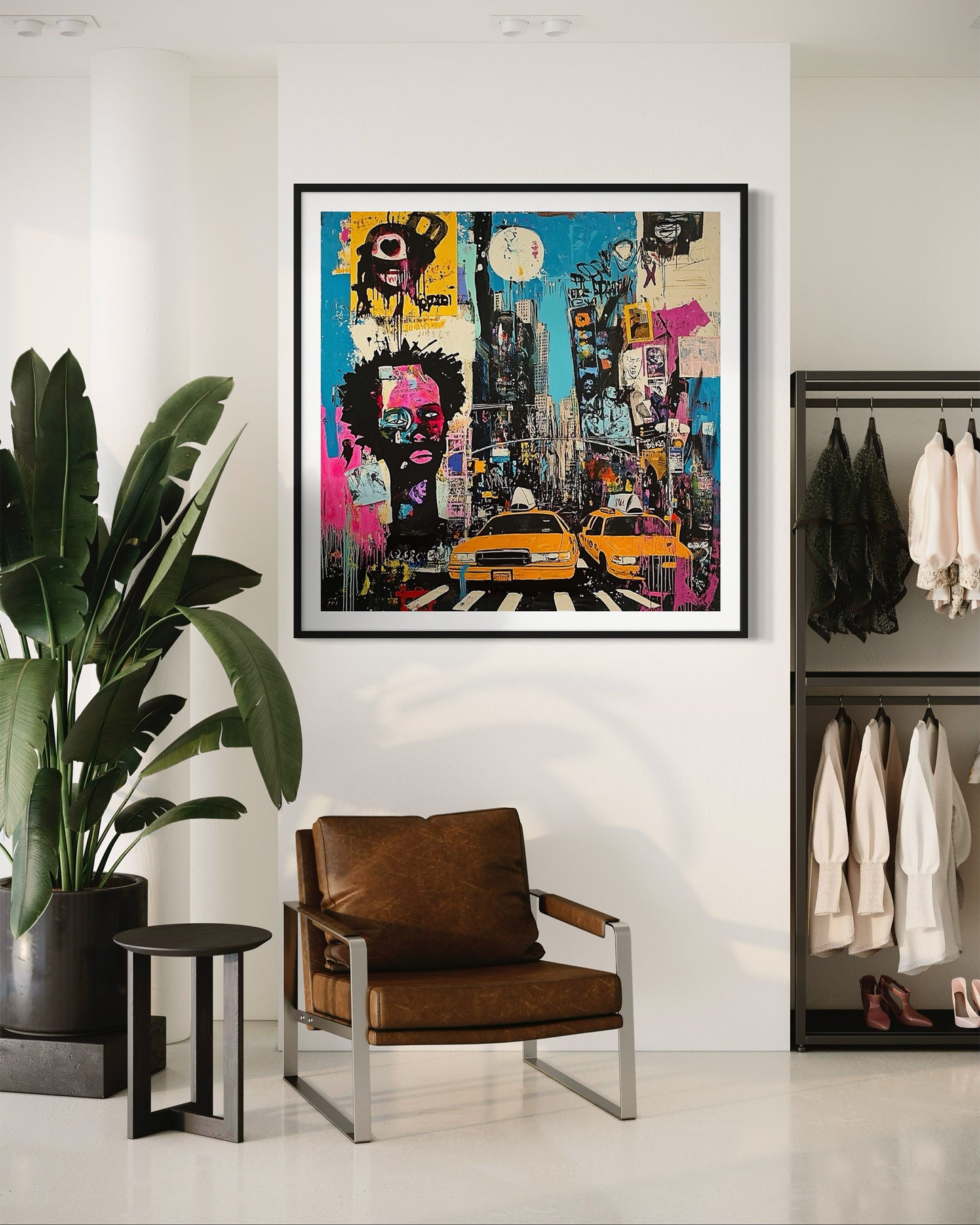Graffiti-style digital art print of Manhattan, New York City, featuring iconic yellow taxis against a gritty, abstract city landscape with urban textures and bold street art elements.