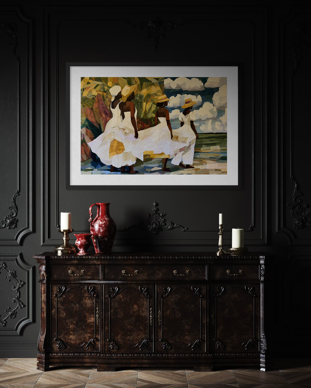 Framed fine art print depicting Afrocentric Gullah Geechee women dressed in white faux quilt-style patter dresses celebrating Black Low Country coastal heritage, African American ancestry, cultural traditions, family, community, and life rooted by the sea. Displayed on a black painted wall above a dark wood console cabinet.