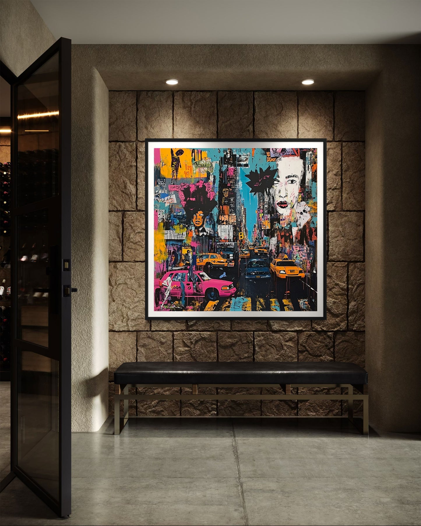 Art print featuring Manhattan yellow taxis in a graffiti-inspired abstract cityscape. Showcases iconic NYC cabs against a gritty urban New York backdrop, perfect for modern wall decor.