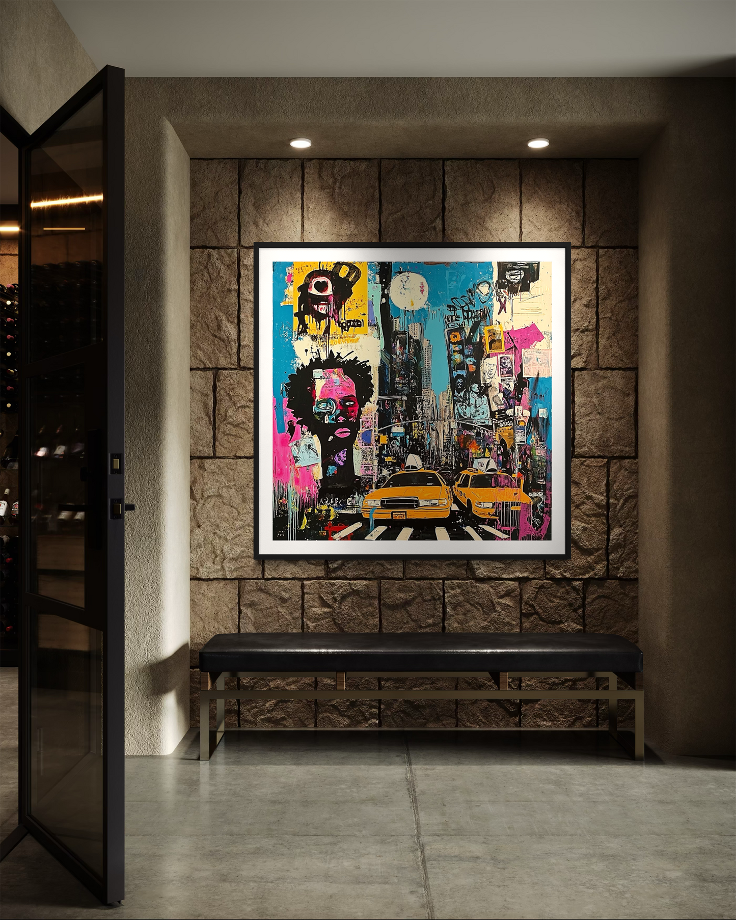 Graffiti-style digital art print of Manhattan, New York City, featuring iconic yellow taxis against a gritty, abstract city landscape with urban textures and bold street art elements.