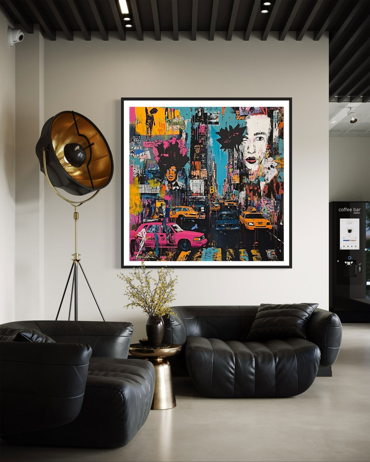 Art print featuring Manhattan yellow taxis in a graffiti-inspired abstract cityscape. Showcases iconic NYC cabs against a gritty urban New York backdrop, perfect for modern wall decor.