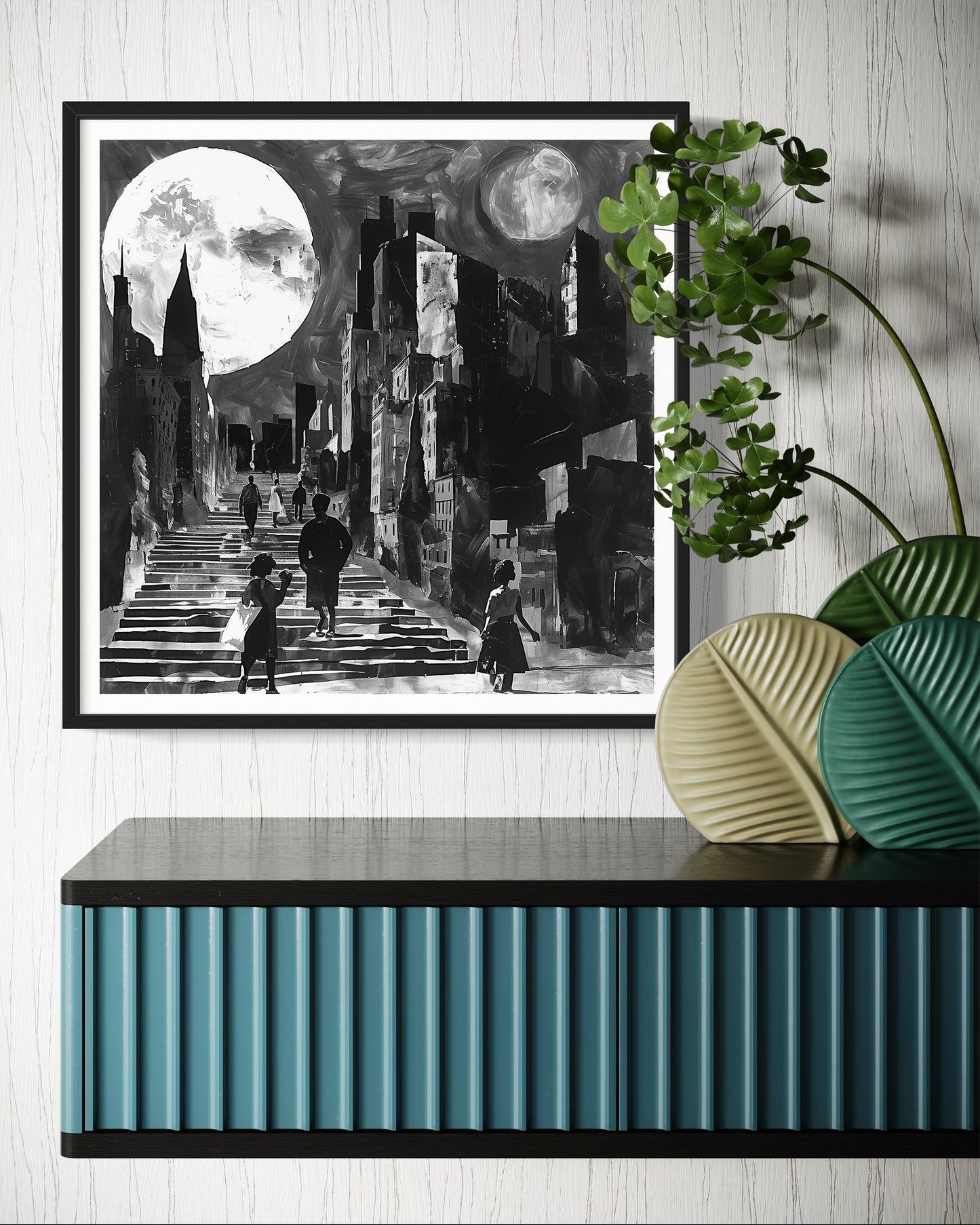 Afrocentric art print featuring silhouette figures in a Harlem neighborhood street scene, with the sun and moon overhead. Abstract digital artwork celebrating African American culture, community life, and the rhythm of day and night in Harlem.