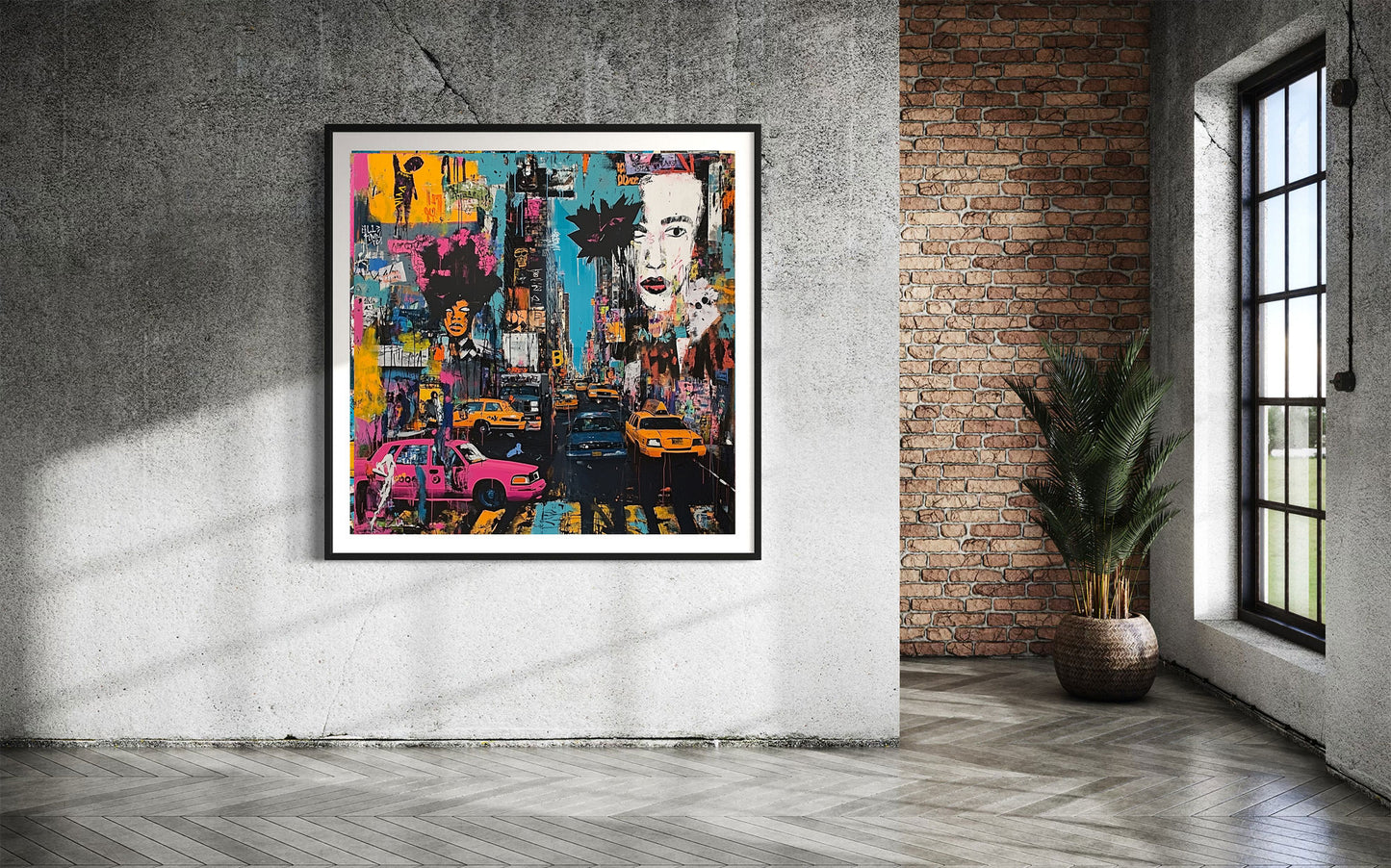 Art print featuring Manhattan yellow taxis in a graffiti-inspired abstract cityscape. Showcases iconic NYC cabs against a gritty urban New York backdrop, perfect for modern wall decor.