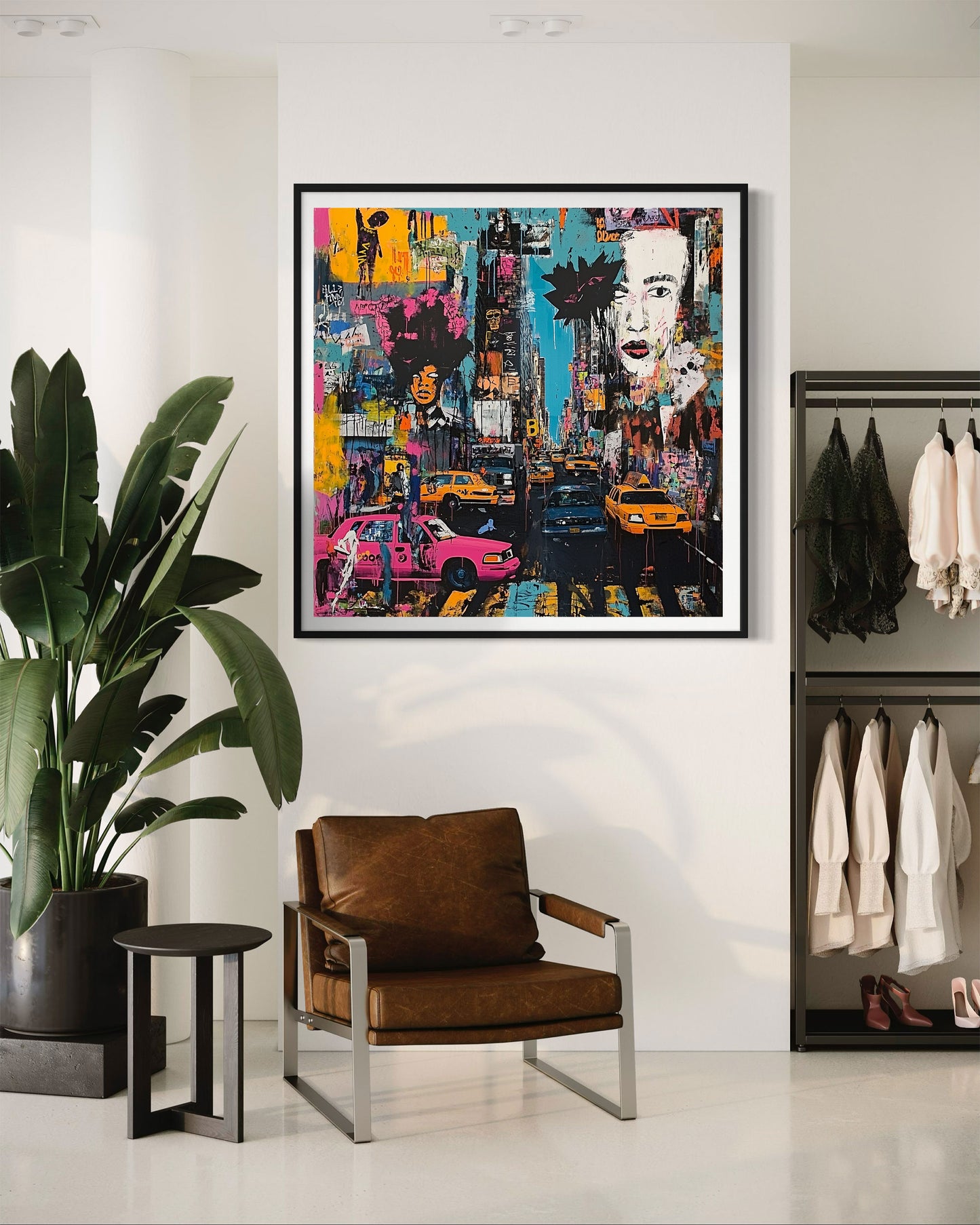 Art print featuring Manhattan yellow taxis in a graffiti-inspired abstract cityscape. Showcases iconic NYC cabs against a gritty urban New York backdrop, perfect for modern wall decor.