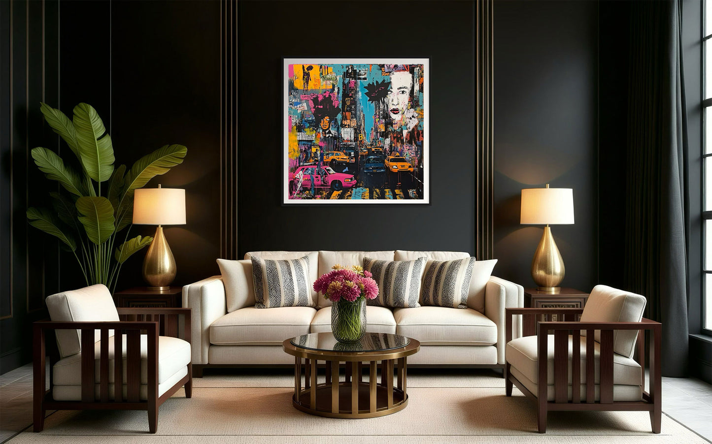 Art print featuring Manhattan yellow taxis in a graffiti-inspired abstract cityscape. Showcases iconic NYC cabs against a gritty urban New York backdrop, perfect for modern wall decor.