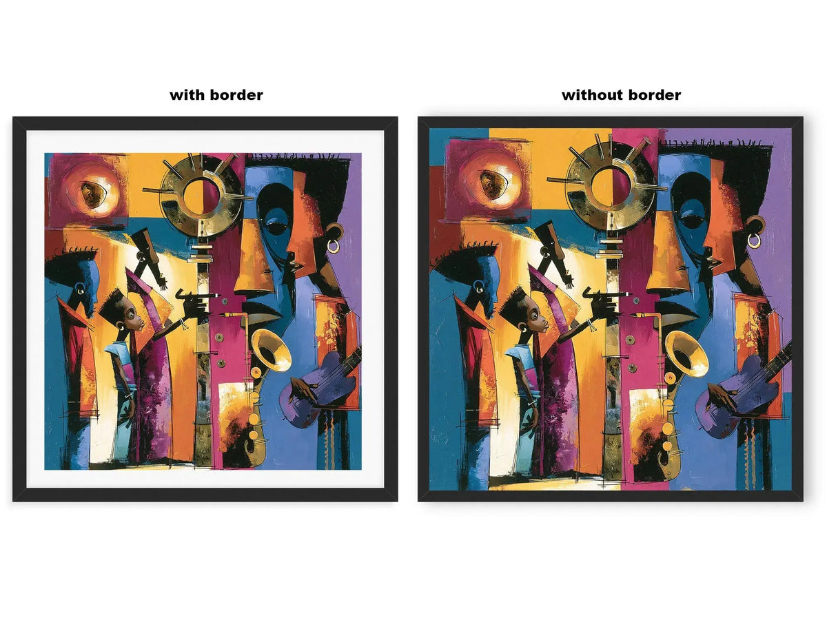 Abstract Afrocentric jazz musicians art print featuring African-inspired musicians in a colorful contemporary composition with bold shapes, expressive movement, and vibrant cultural themes.