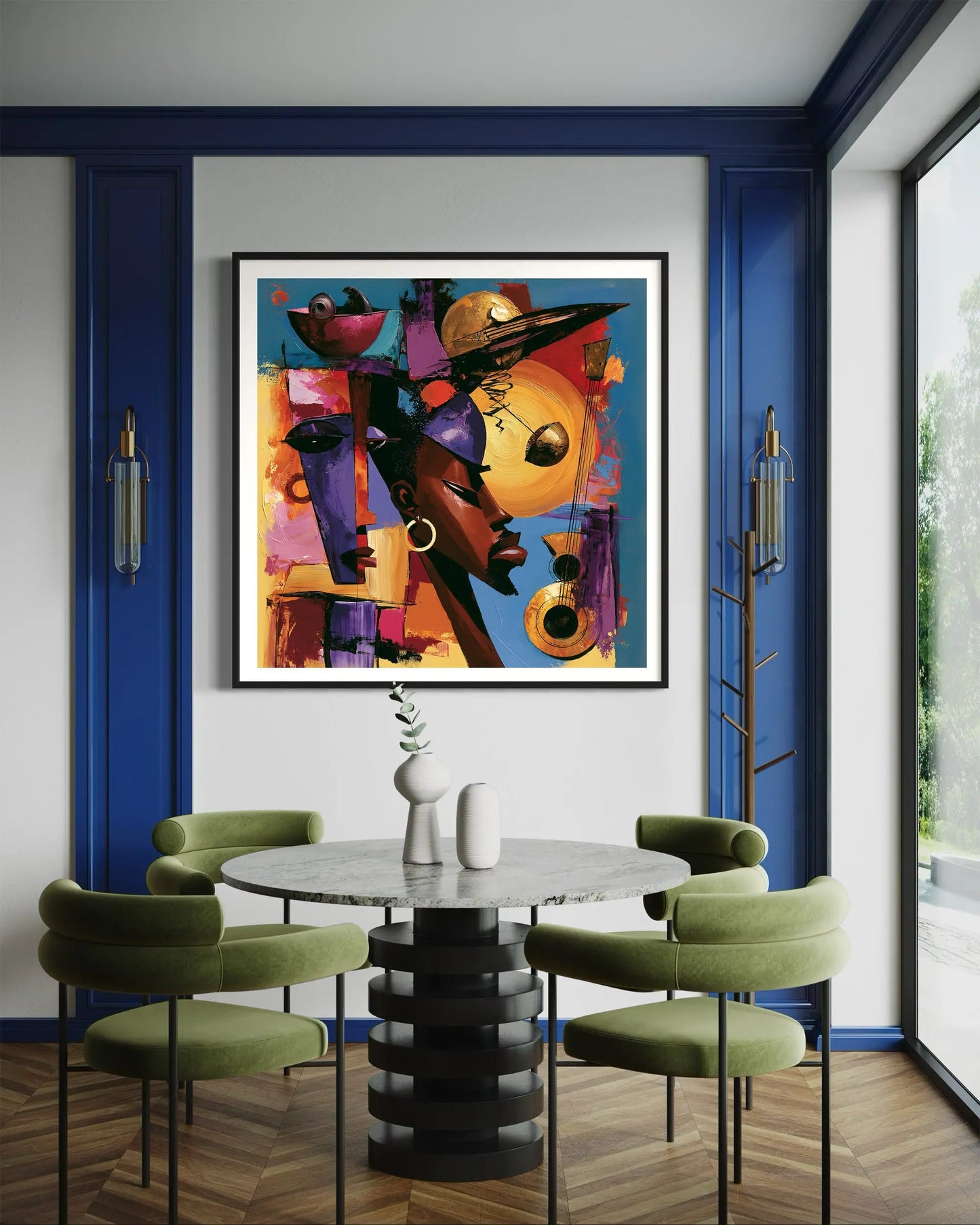 Abstract Afrocentric jazz musicians art print featuring African-inspired musicians in a colorful contemporary composition with bold shapes, expressive movement, and vibrant cultural themes.