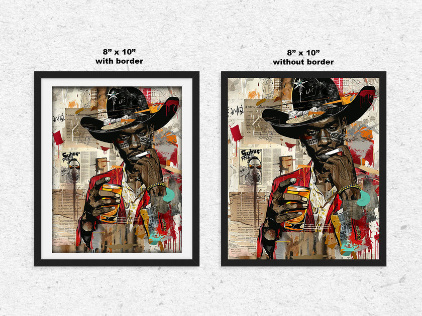 Black Cowboy Pop Art Print featuring a stylish African American cowboy in an edgy graffiti pop art style. Afrocentric Western wall decor with bold colors and textured street art design.