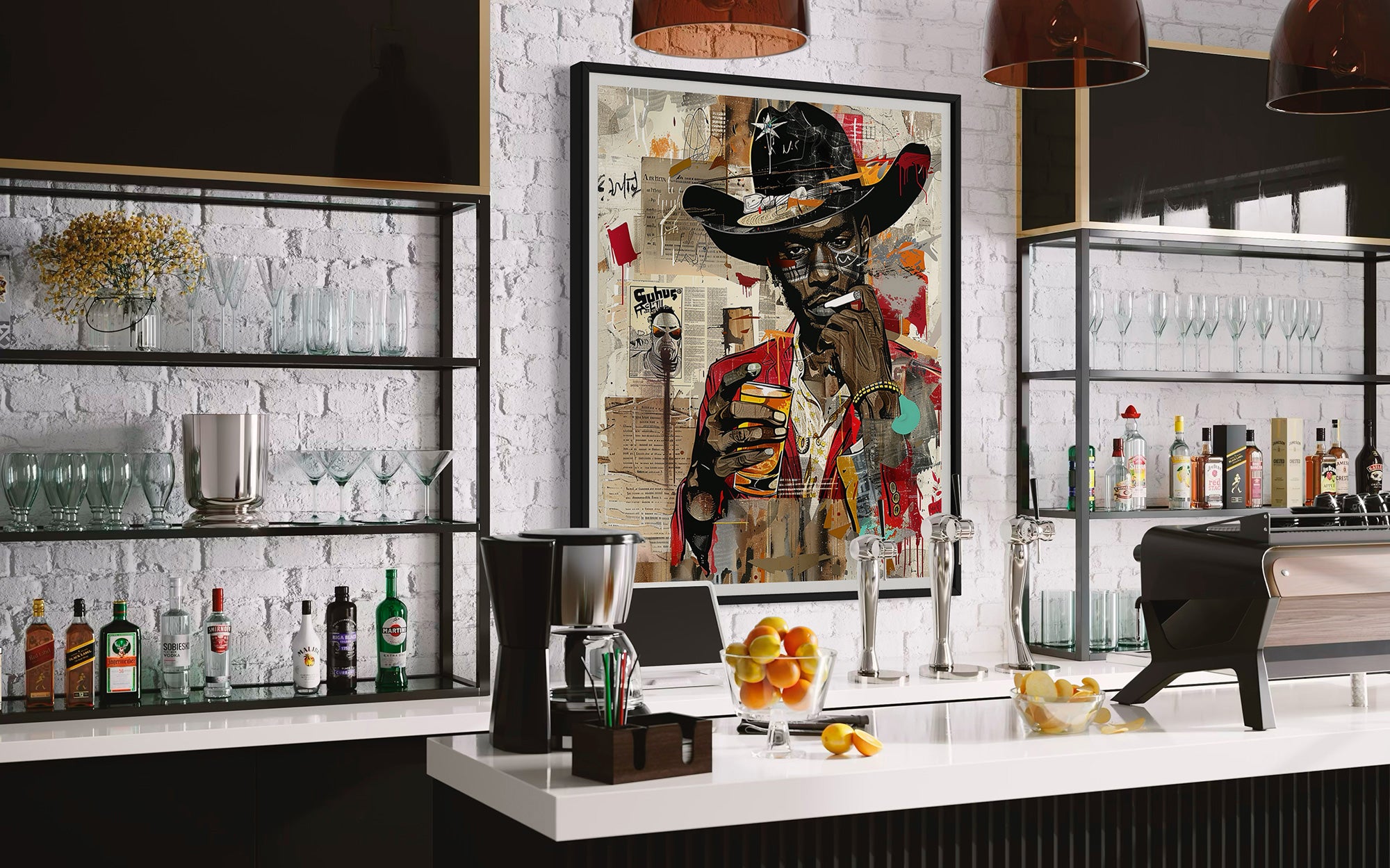 Black Cowboy Pop Art Print featuring a stylish African American cowboy in an edgy graffiti pop art style. Afrocentric Western wall decor with bold colors and textured street art design.