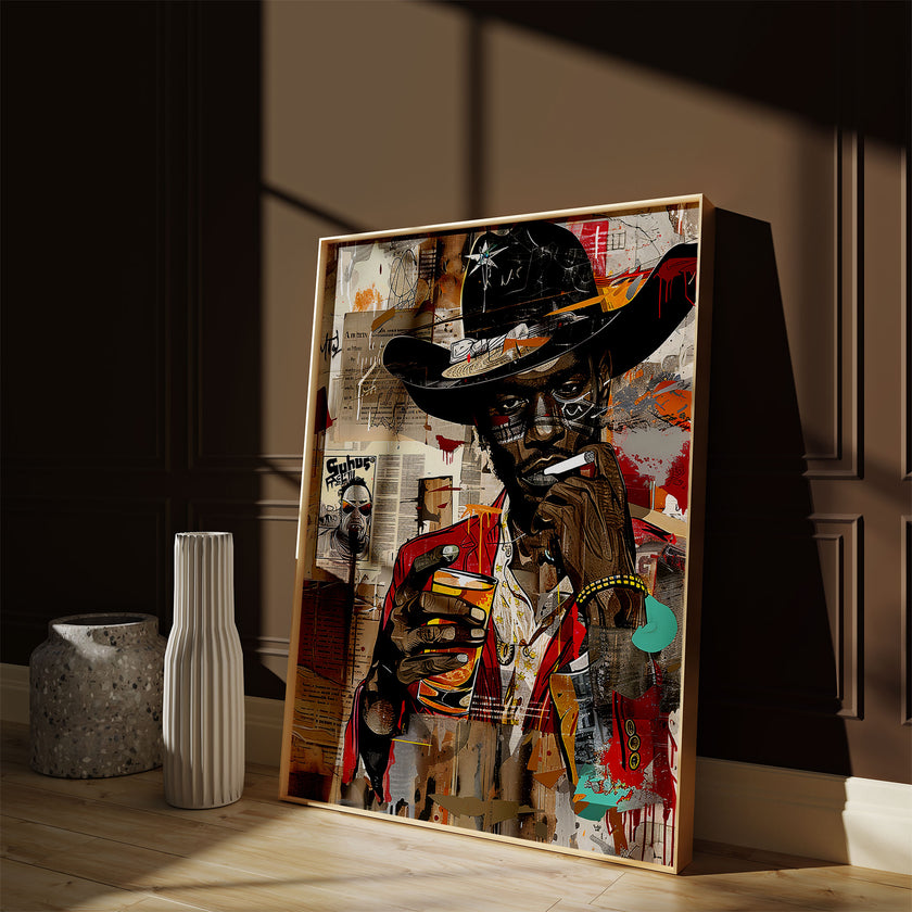 Black Cowboy Pop Art Print featuring a stylish African American cowboy in an edgy graffiti pop art style. Afrocentric Western wall decor with bold colors and textured street art design.
