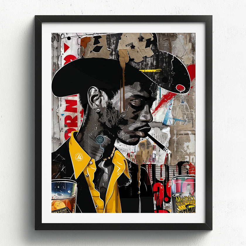 African American Cowboy Pop Art Print featuring a stylish Black cowboy in graffiti pop art style with bold colors and urban textures. Afrocentric Western-inspired artwork celebrating strength, culture, and individuality.