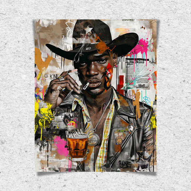 Urban Black Cowboy Art Print featuring a stylish African American cowboy in an edgy graffiti pop art style. Afrocentric Western wall decor with bold colors and textured street art design.