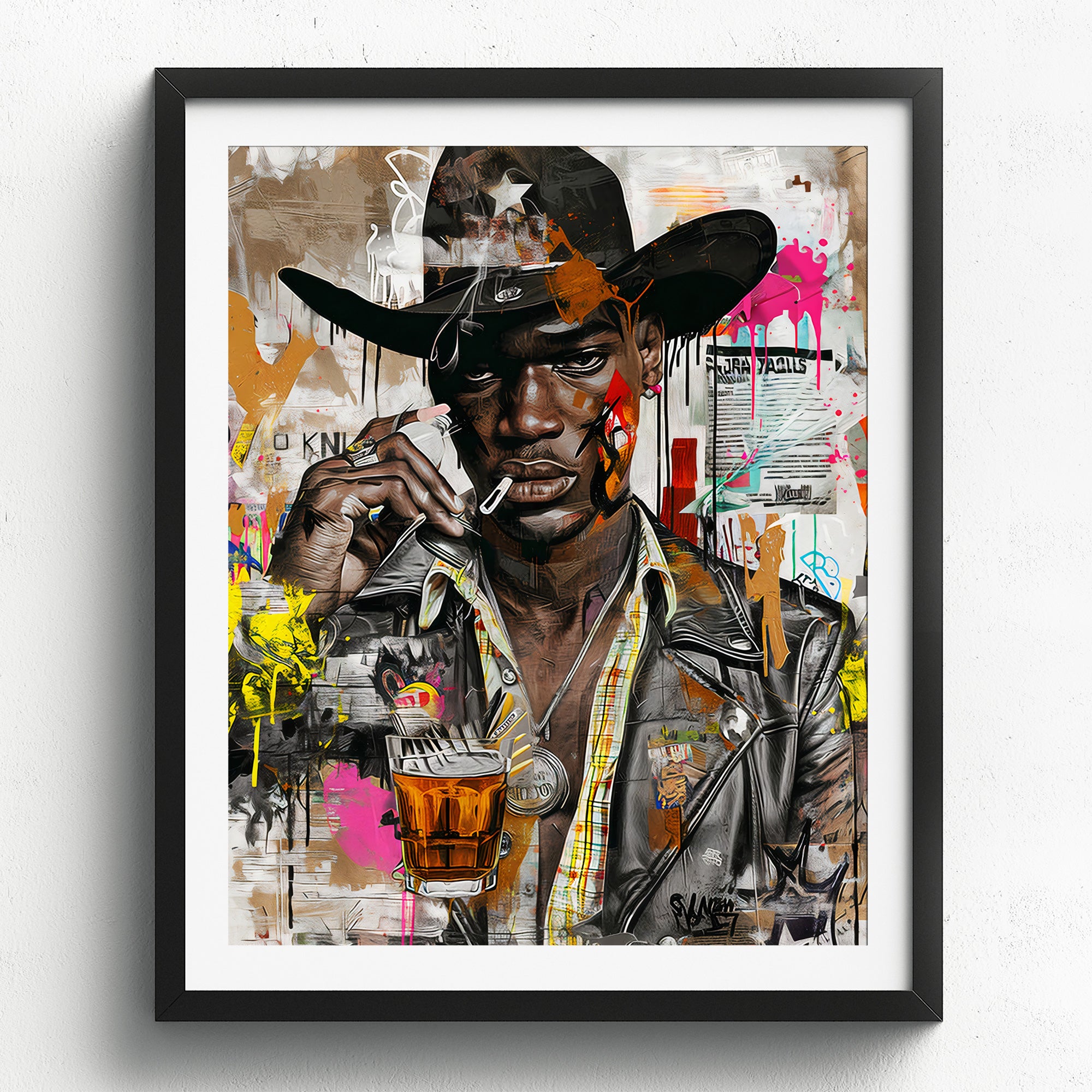 Urban Black Cowboy Art Print featuring a stylish African American cowboy in an edgy graffiti pop art style. Afrocentric Western wall decor with bold colors and textured street art design.