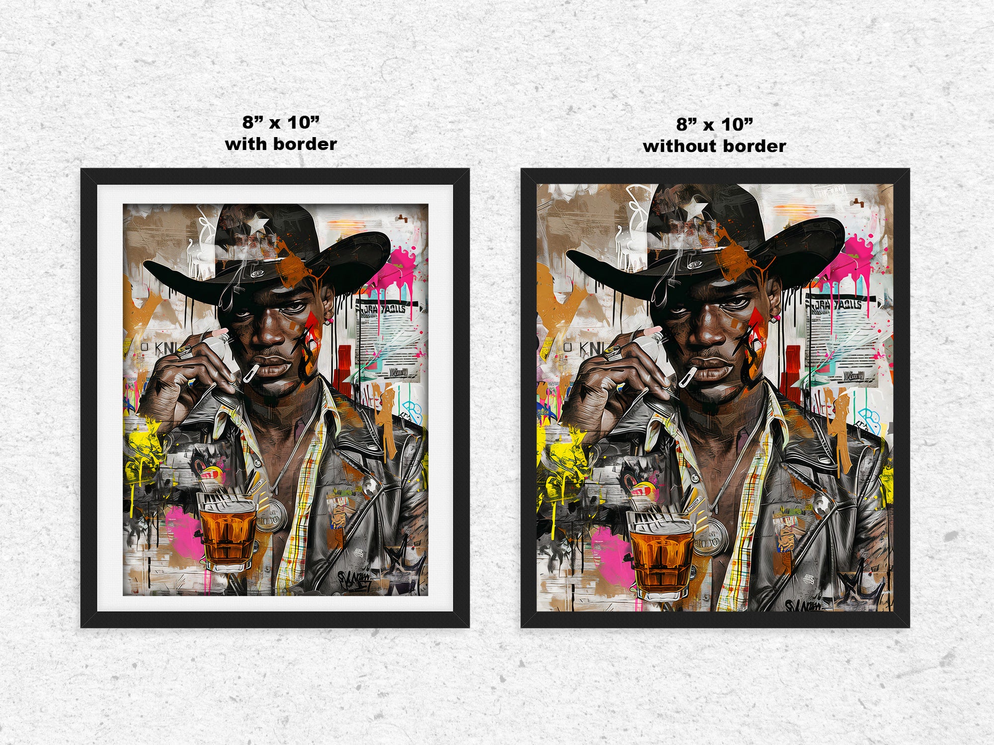 Urban Black Cowboy Art Print featuring a stylish African American cowboy in an edgy graffiti pop art style. Afrocentric Western wall decor with bold colors and textured street art design.