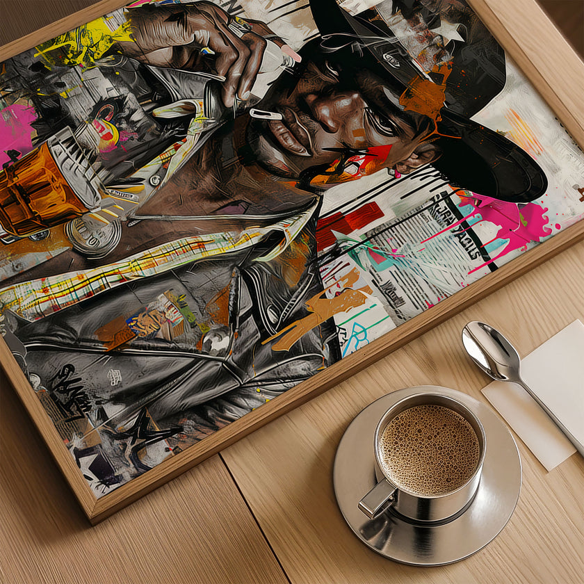 Urban Black Cowboy Art Print featuring a stylish African American cowboy in an edgy graffiti pop art style. Afrocentric Western wall decor with bold colors and textured street art design.