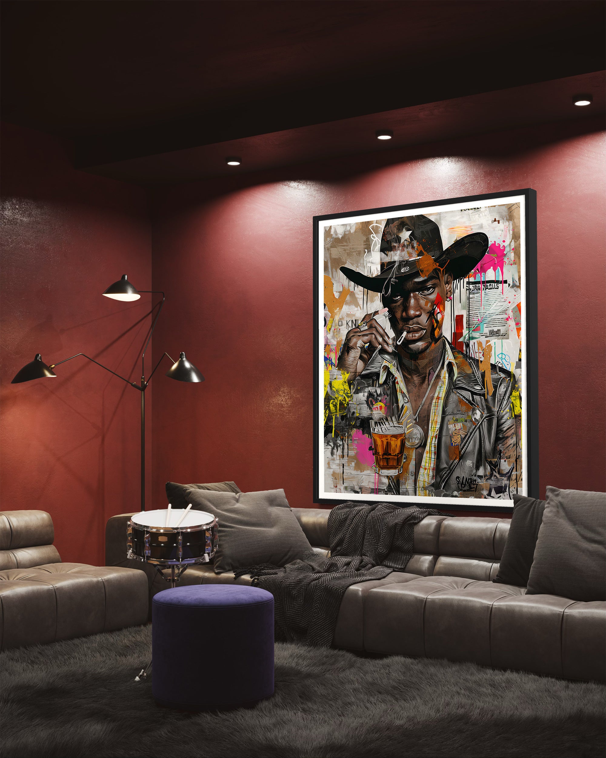 Urban Black Cowboy Art Print featuring a stylish African American cowboy in an edgy graffiti pop art style. Afrocentric Western wall decor with bold colors and textured street art design.
